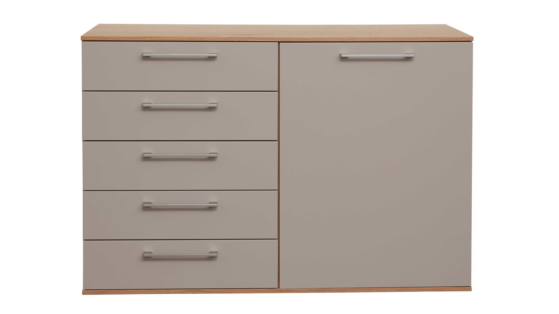 Interliving Schlafzimmer Serie 12 – Kombikommode, taupefarbener Lack & Balkeneiche – fünf Schubladen, eine Tür rechts Interliving Schlafzimmer Serie 12 – Kombikommode, taupefarbener Lack & Balkeneiche – fünf Schubladen, eine Tür rechts