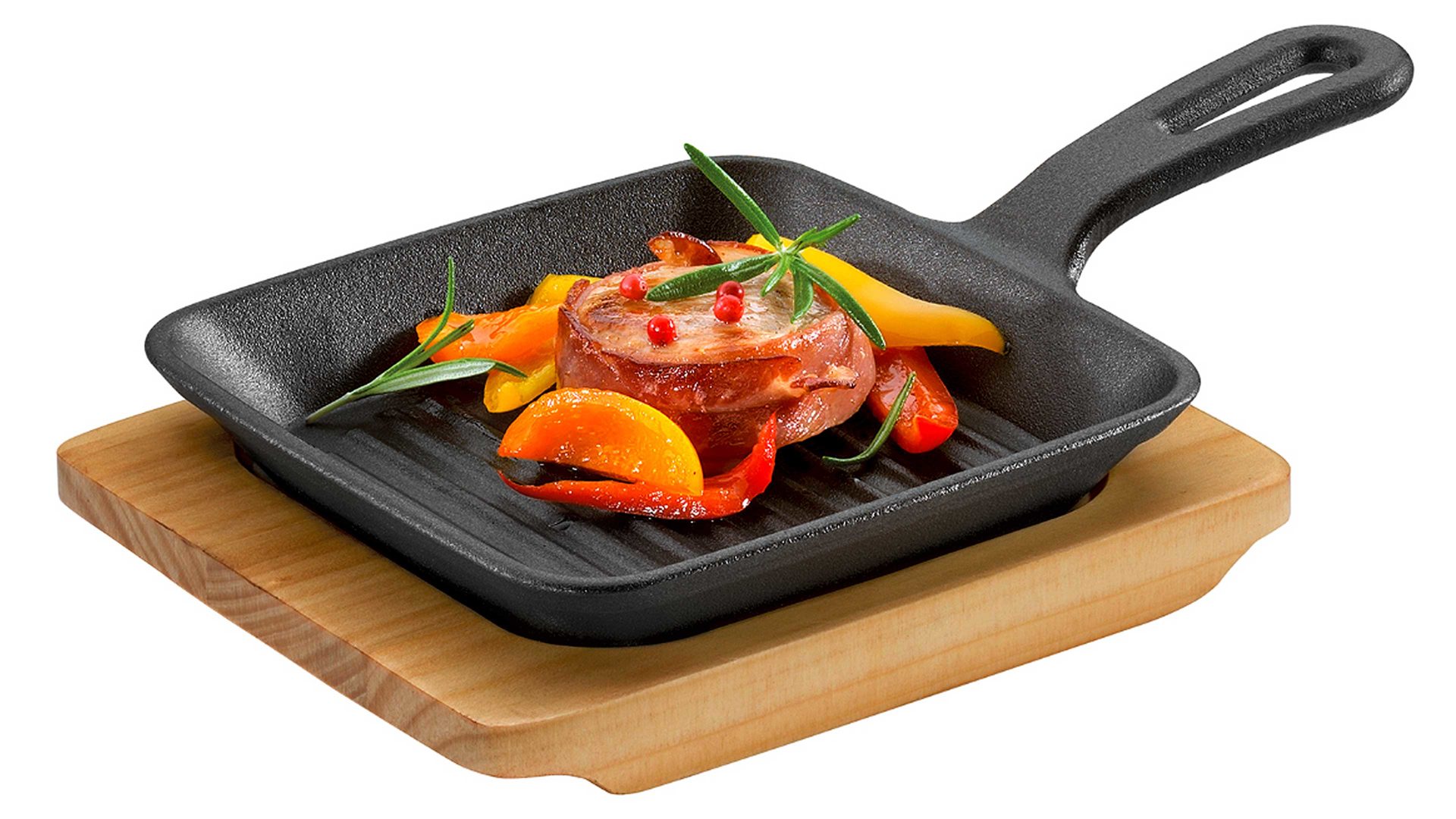 Interliving BEST BUDDYS BBQ Grill Servierpfanne Gusseisen Holz quadratisch