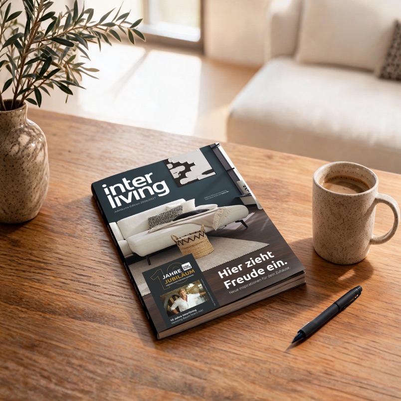 Das Interliving Wohnbuch Jubiläums-Edition 2026/2027 liegt auf einem Holztisch neben einer Kaffeetasse.