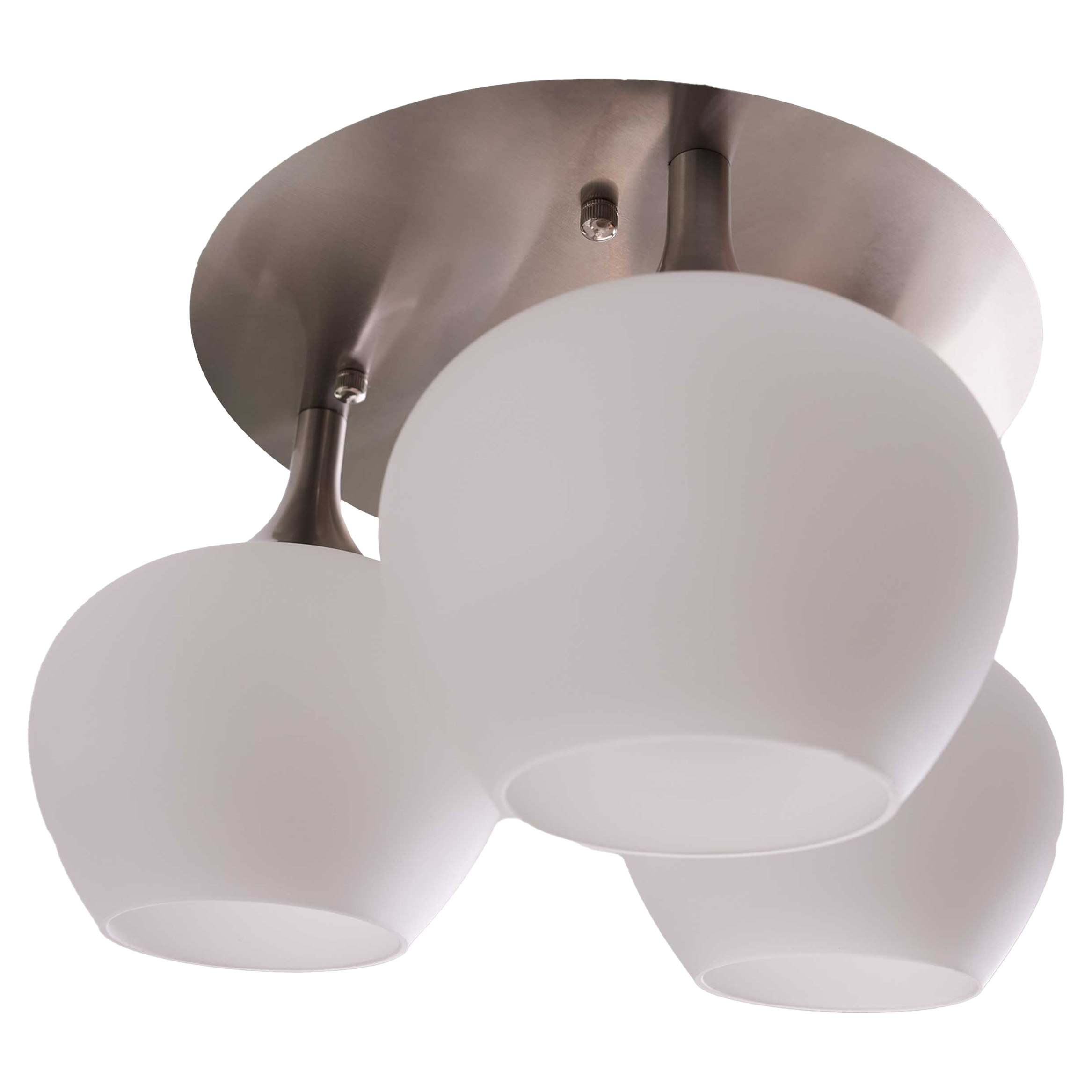 Deckenlampe mit drei kugelförmigen Mattglasschirmen und nickelfarbenem Baldachin