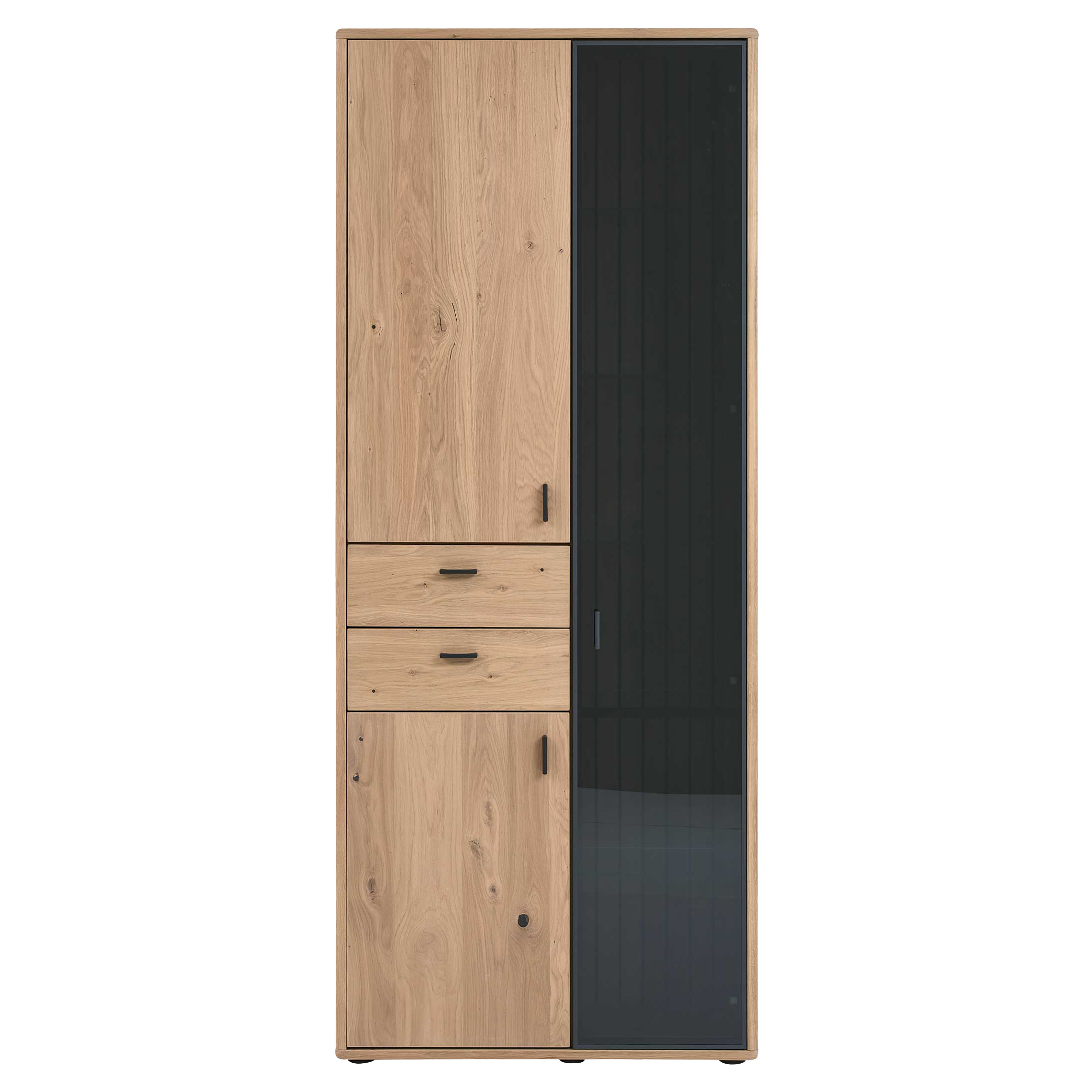 Vitrine mit zwei Türen mit Eichefurnier und Schwarzglastür