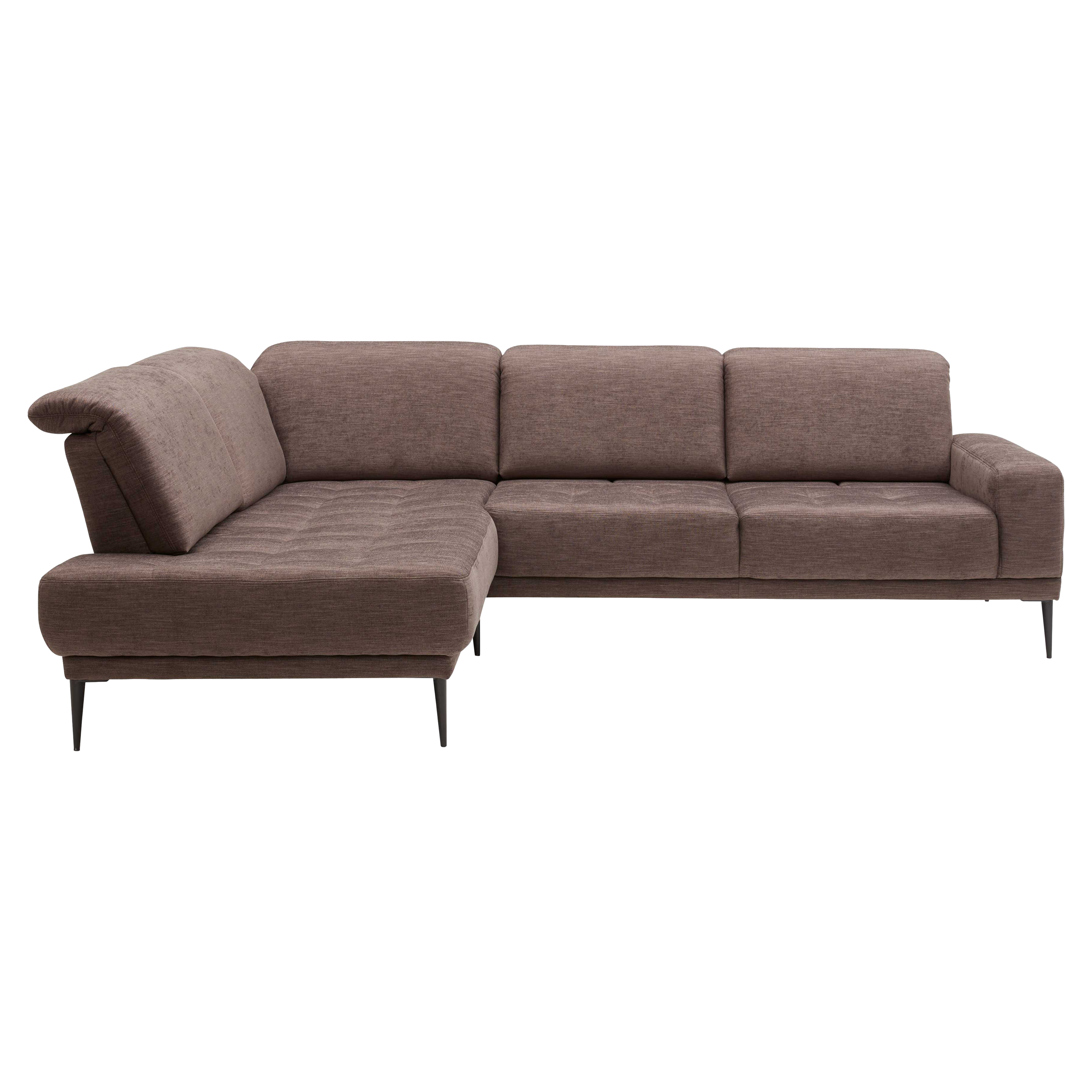 Ecksofa mit dunkelbraunem Stoffbezug und schwarzen Metallfüßen