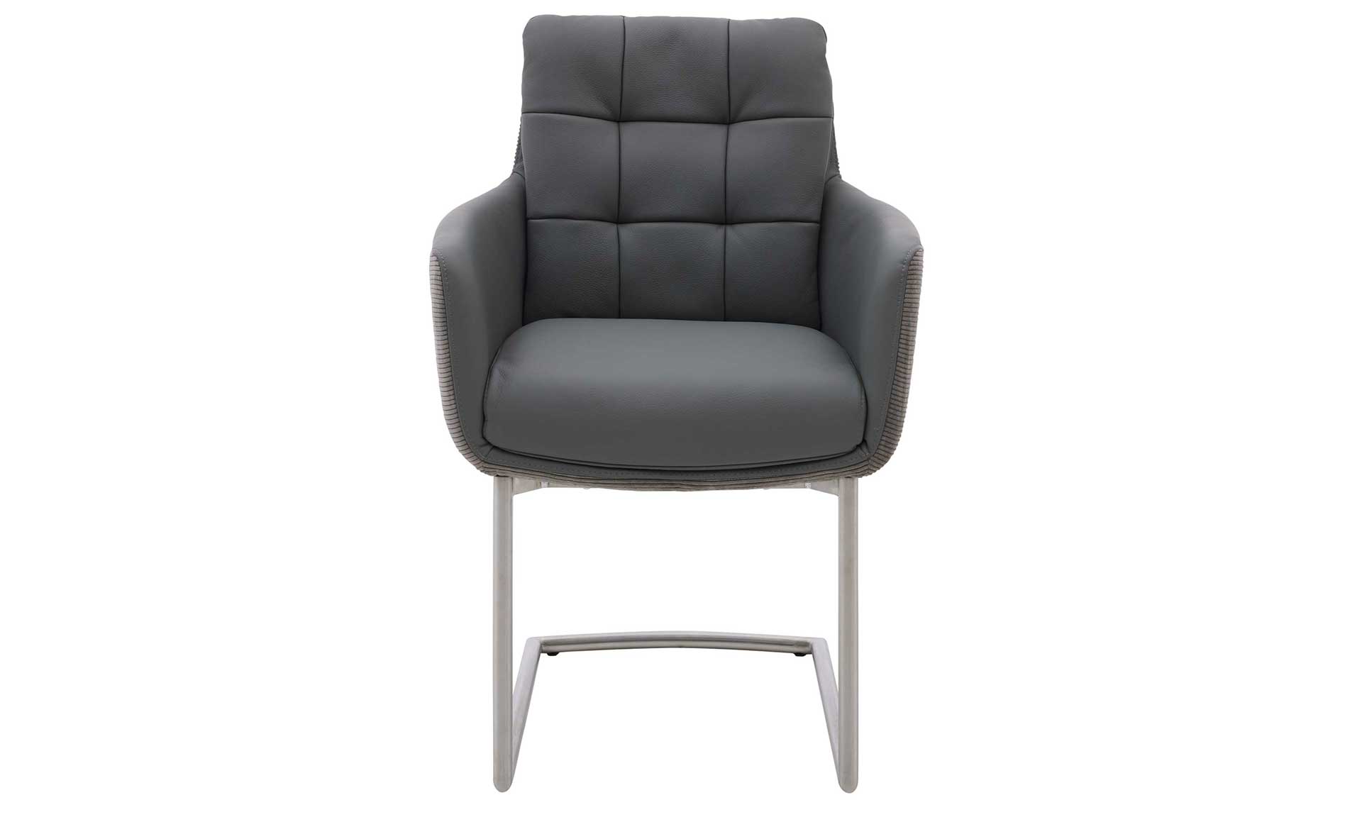 Freischwinger-Sessel mit grauem Leder-Cord-Mix und Edelstahlgestell
