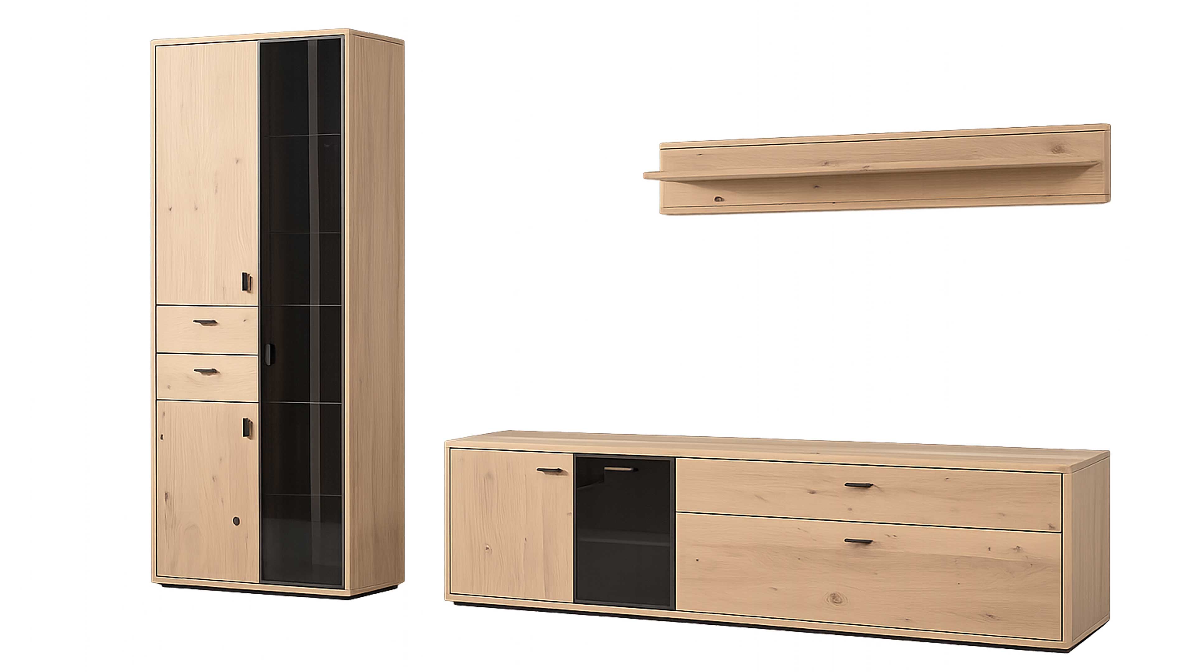 TV-Board, hohe zweitürige Vitrine und Wandregal in Eichefurnier und Schwarzglas