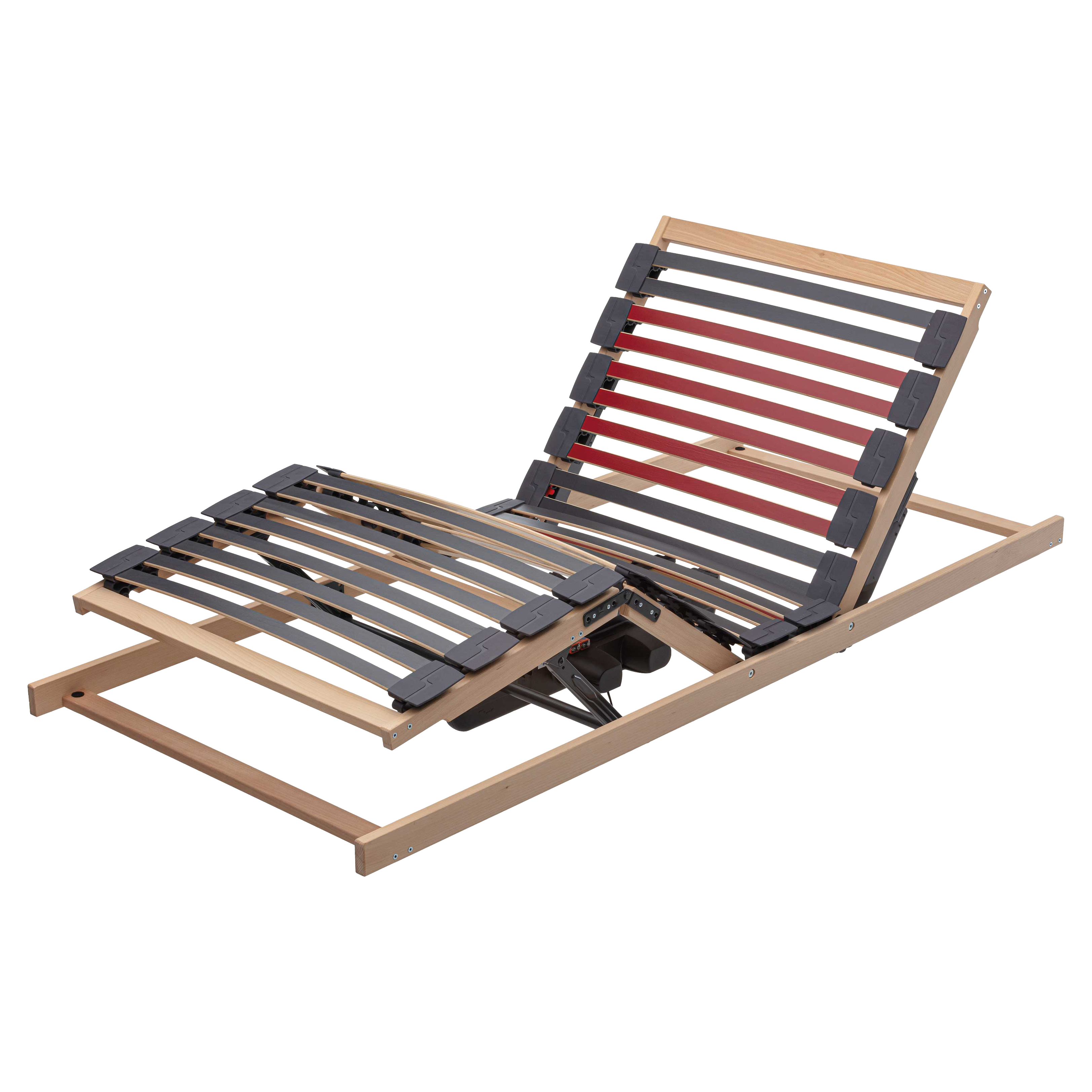 Verstellbarer Lattenrost mit hellem Holzrahmen, schwarzen und roten Federholzleisten, Kopfteil hochgestellt und Mechanik sichtbar.