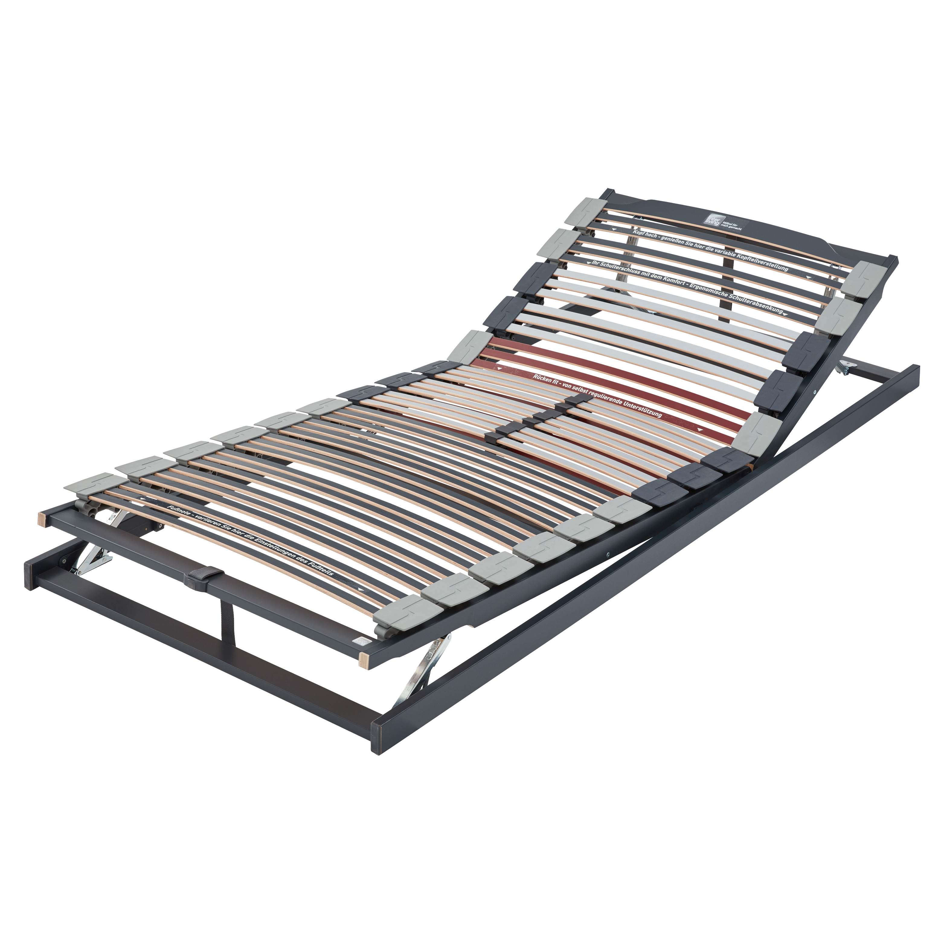 Lattenrost mit verstellbarem Kopfteil, grauem Metallrahmen, gebogenen Holzlatten und grauen sowie schwarzen Haltern.