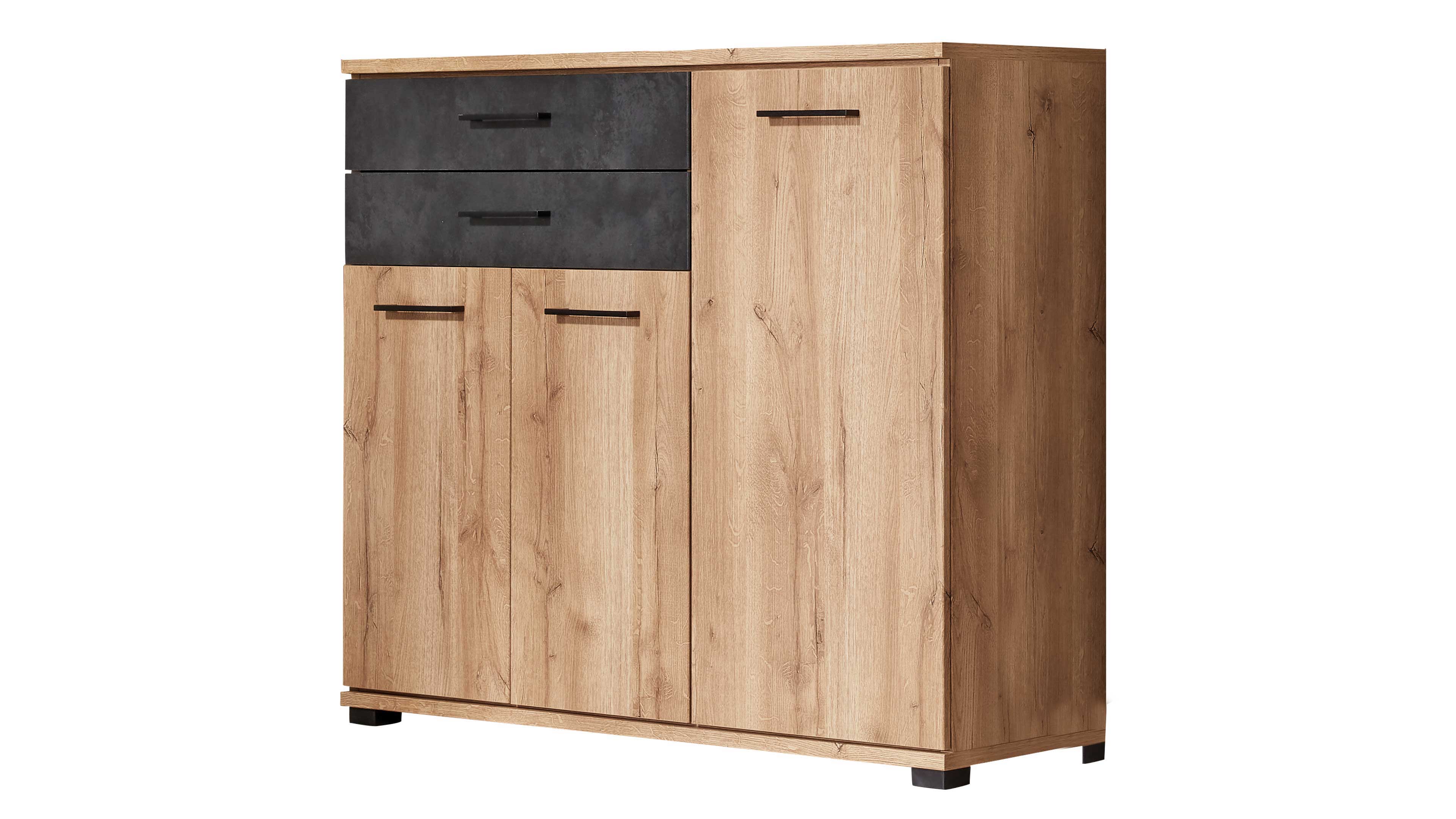 Schrank in Eichenholz-Optik mit zwei dunkelgrauen Schubladen oben links, drei Holztüren, schwarzen Griffen und Füßen.