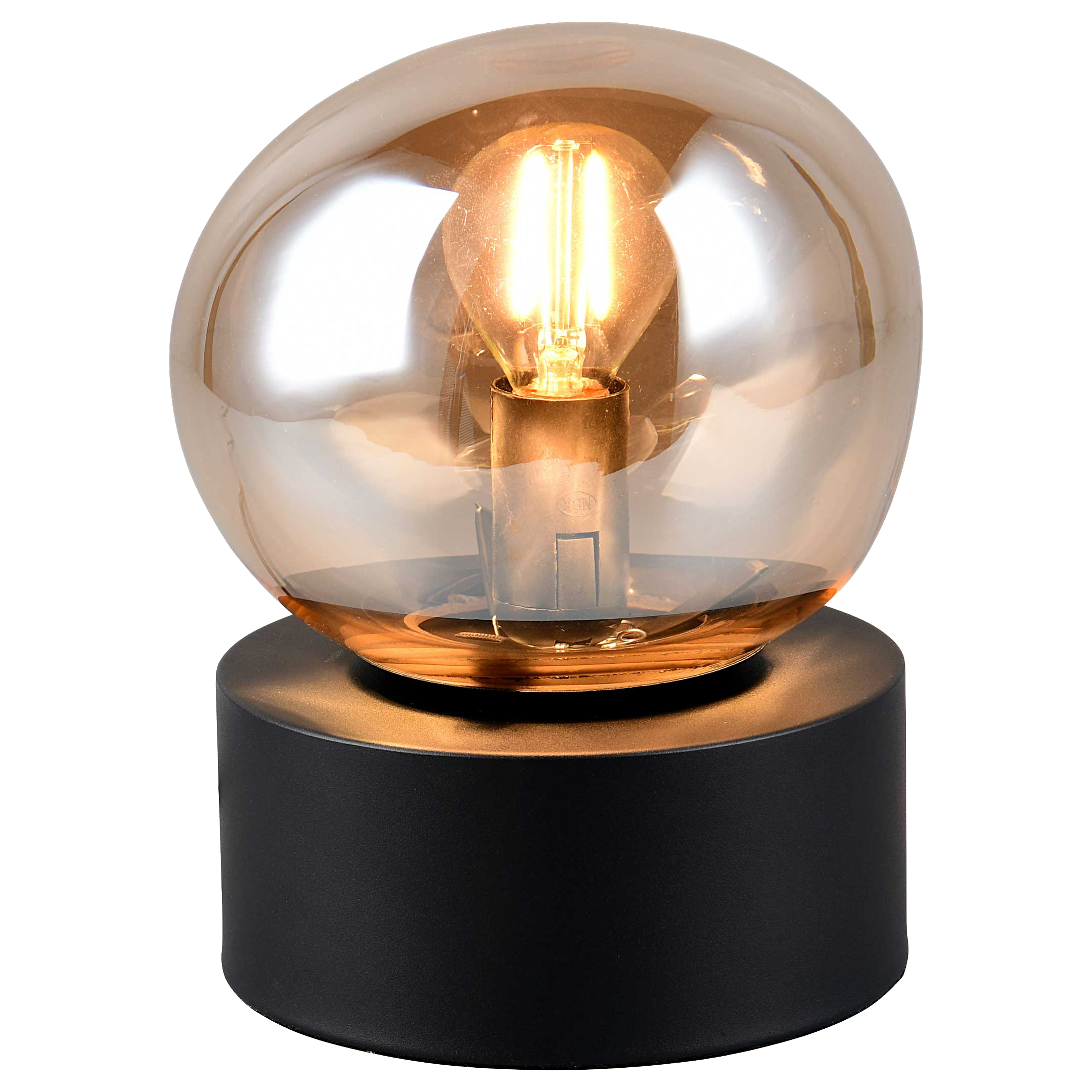 Tischlampe mit rundem schwarzen Zylinderfuß, darauf eine bernsteinfarbene Glasglocke mit sichtbarer Filamentbirne und schwarzem Kabel.
