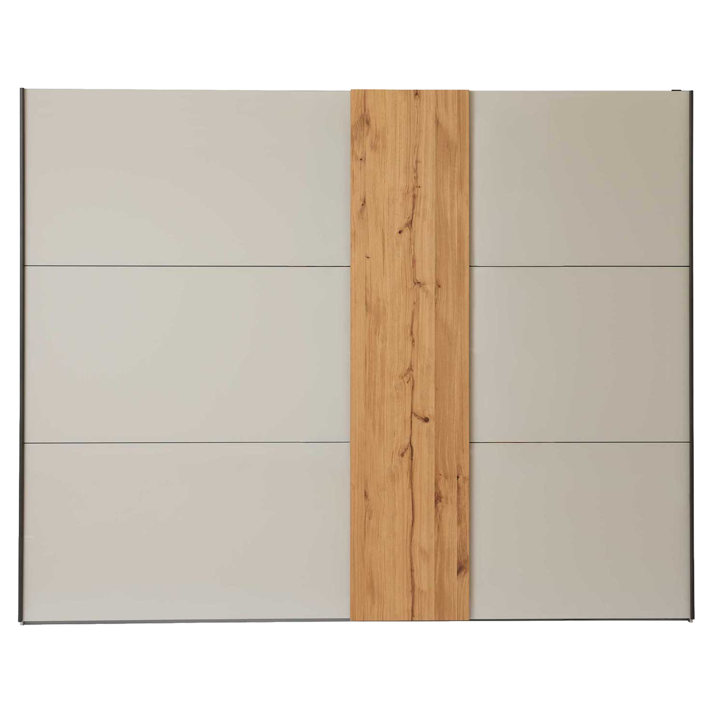 Schwebetüren-Kleiderschrank mit zwei Türen in Graubeige und Kernholz