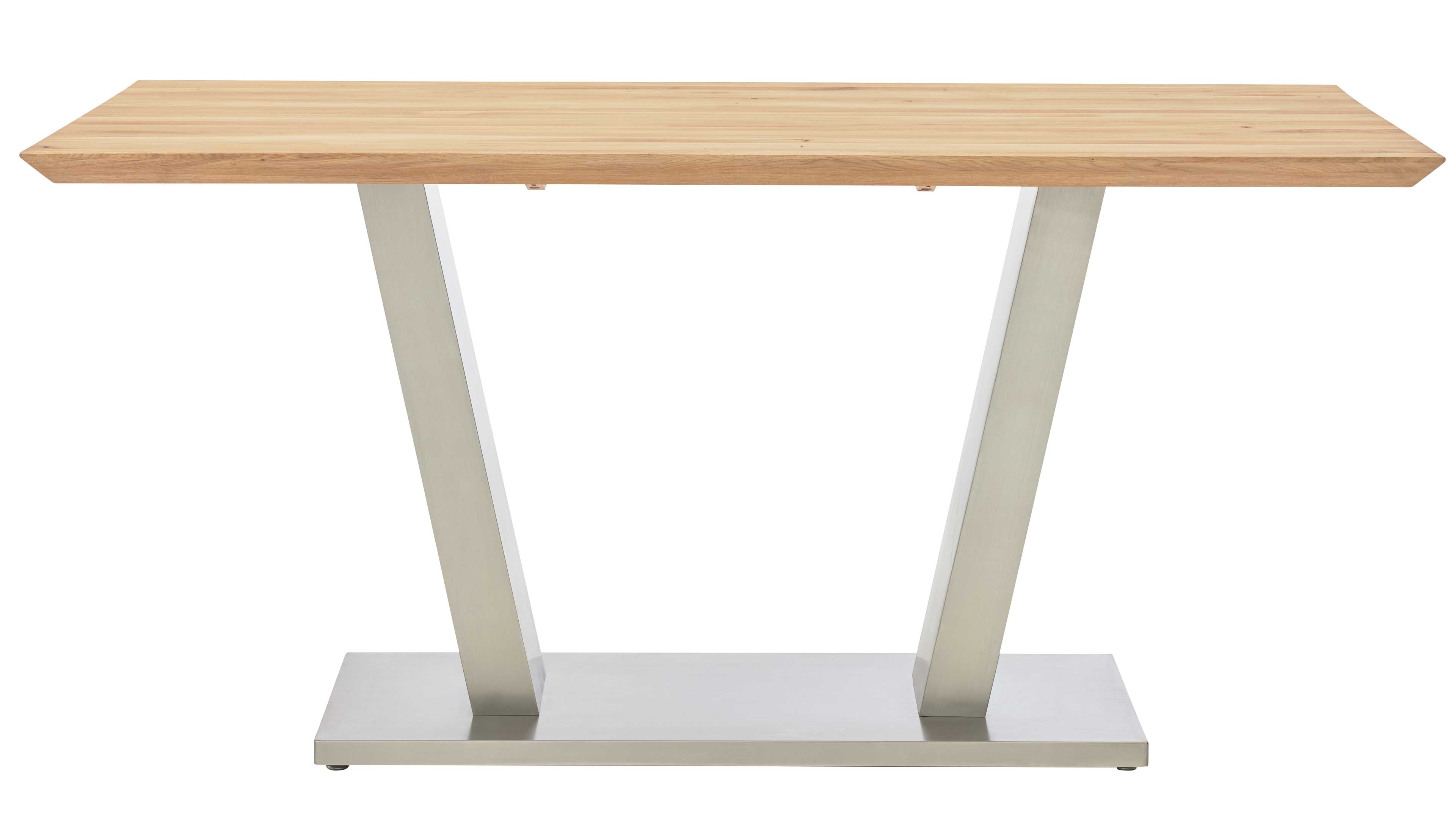 Esstisch mit rechteckiger heller Holzplatte, zwei schräg stehenden Metallbeinen und einer flachen rechteckigen Metallfußplatte.