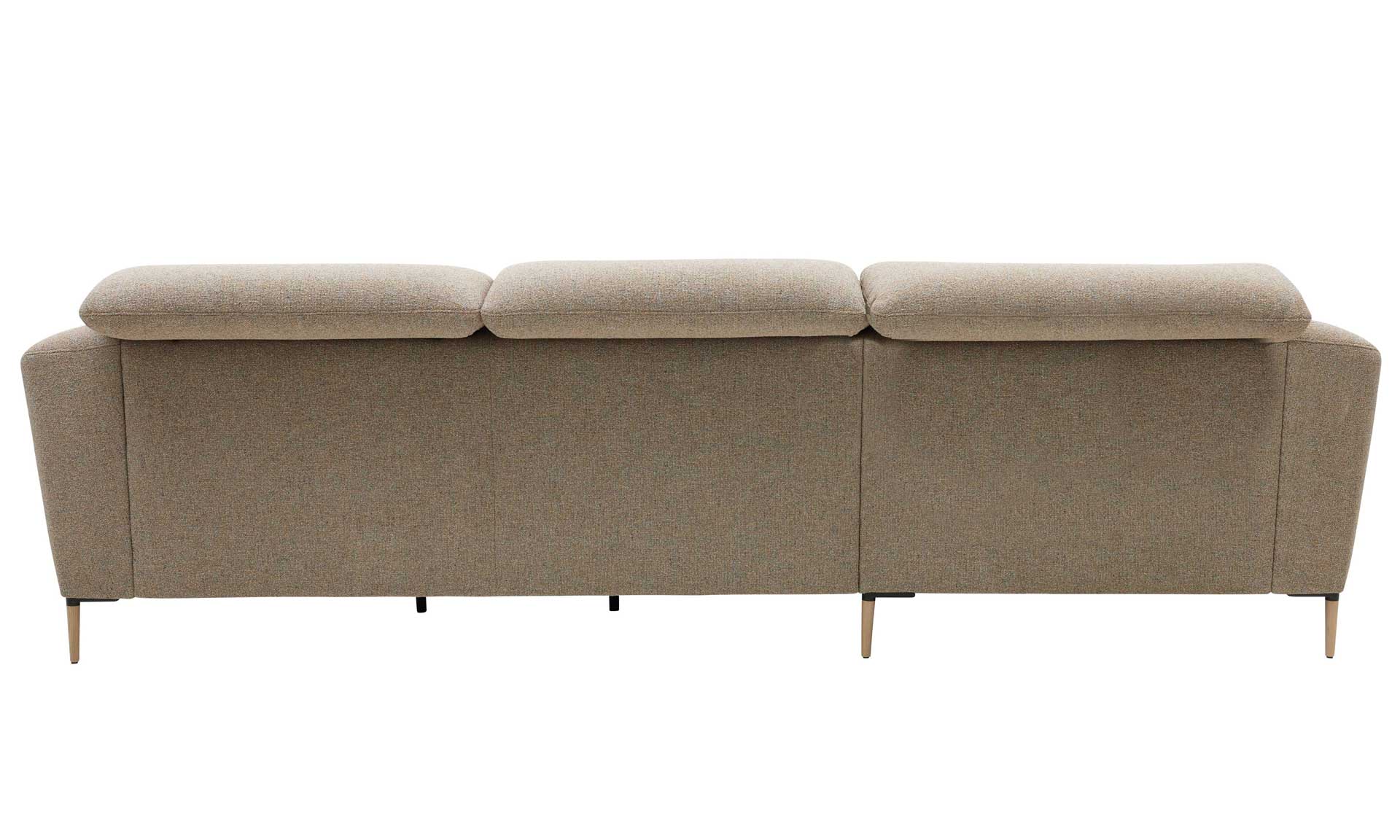 Ecksofa mit meliertem Stoff in Sand und schwarzen Winkelfüßen