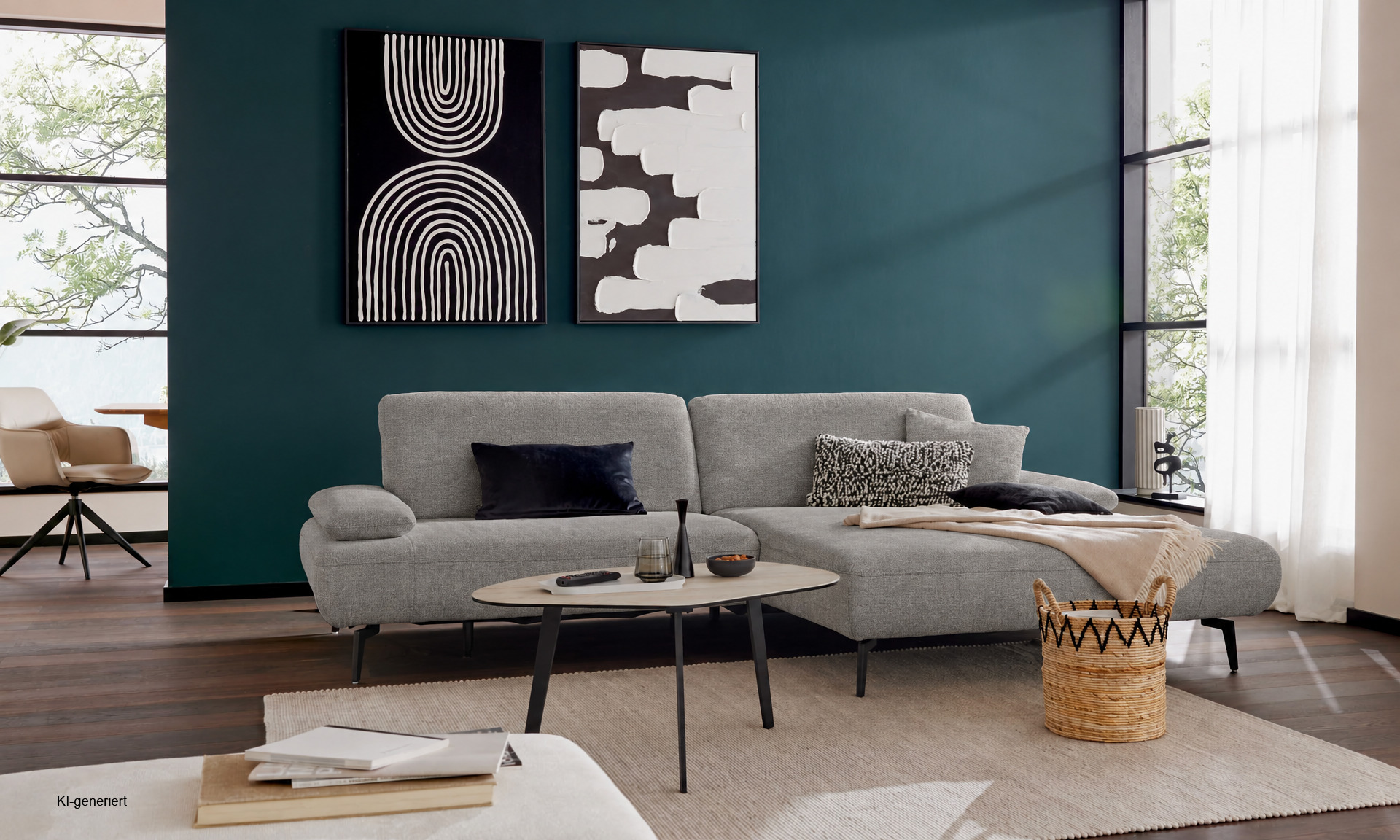 Graues Ecksofa mit Ottomane rechts