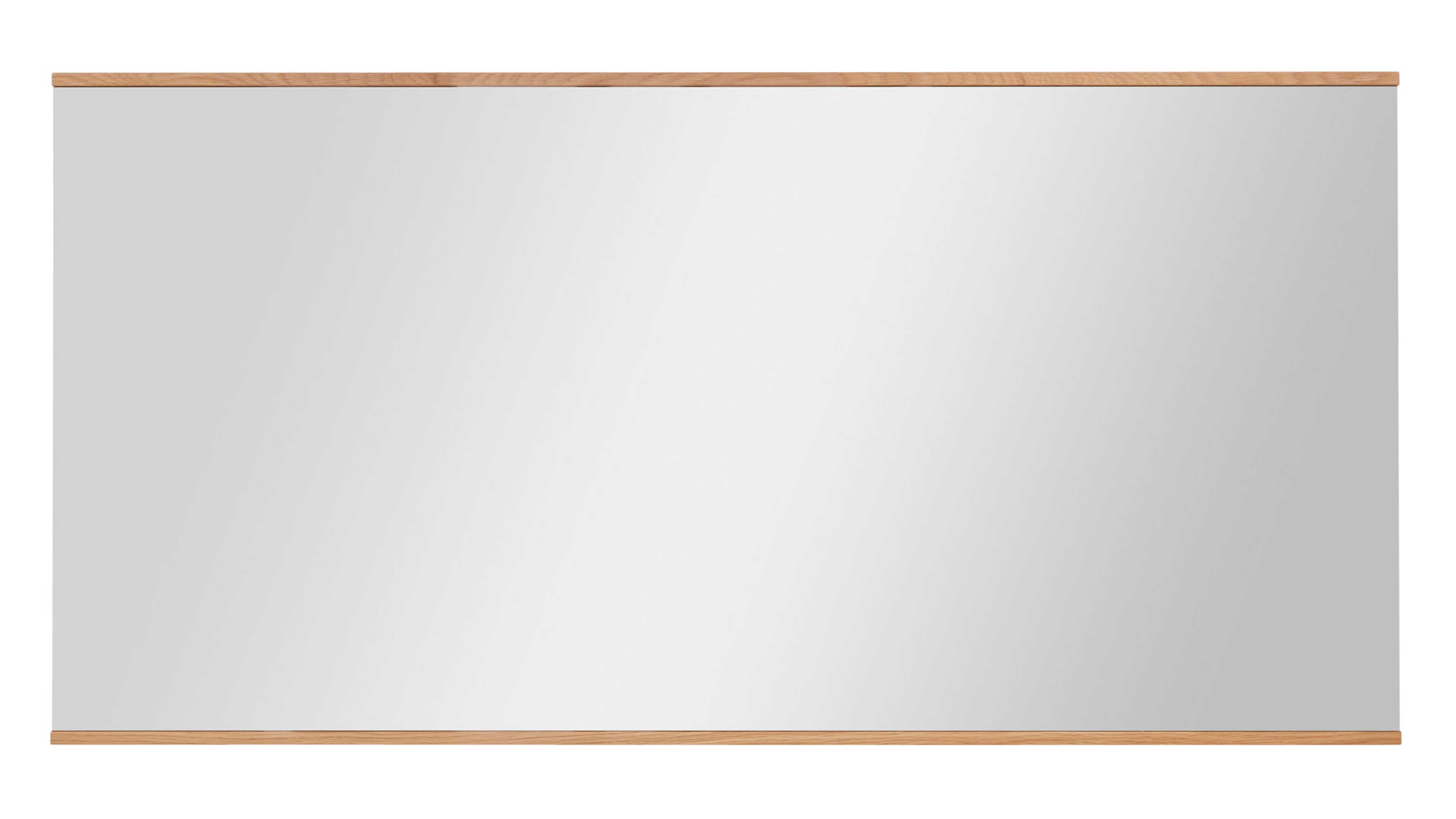 Rechteckiger großer Spiegel mit durchgehend silberner Oberfläche und schmalen hellen Holzleisten oben und unten.