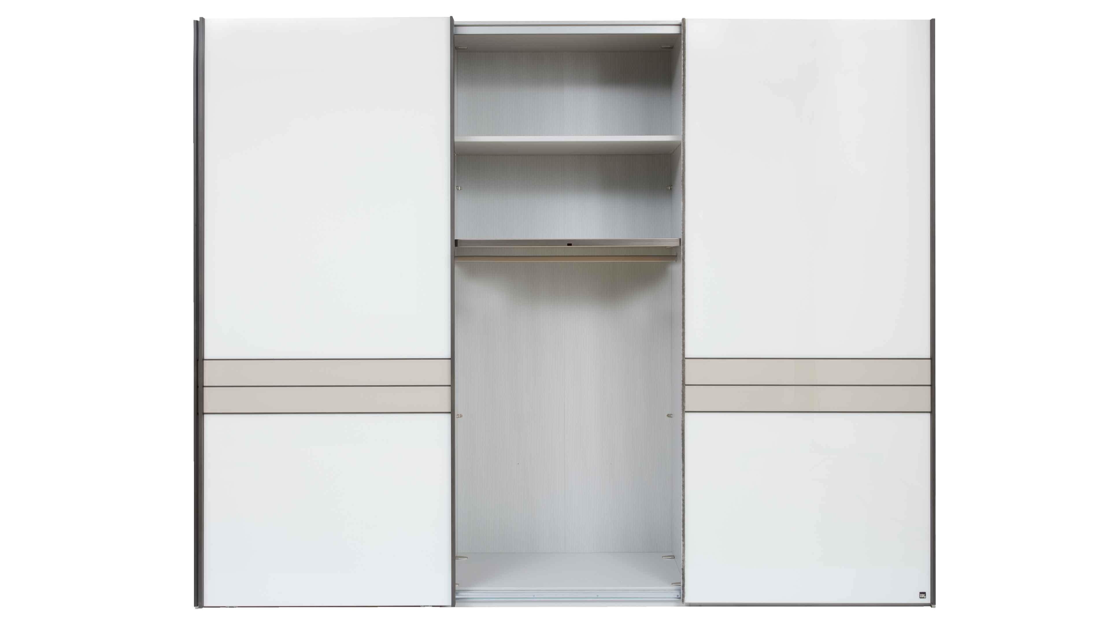 Vierteiliges Schlafzimmer in Kieselgrau und Weiß mit Bett, Nachtkonsolen und großem Kleiderschrank im modernen Design.