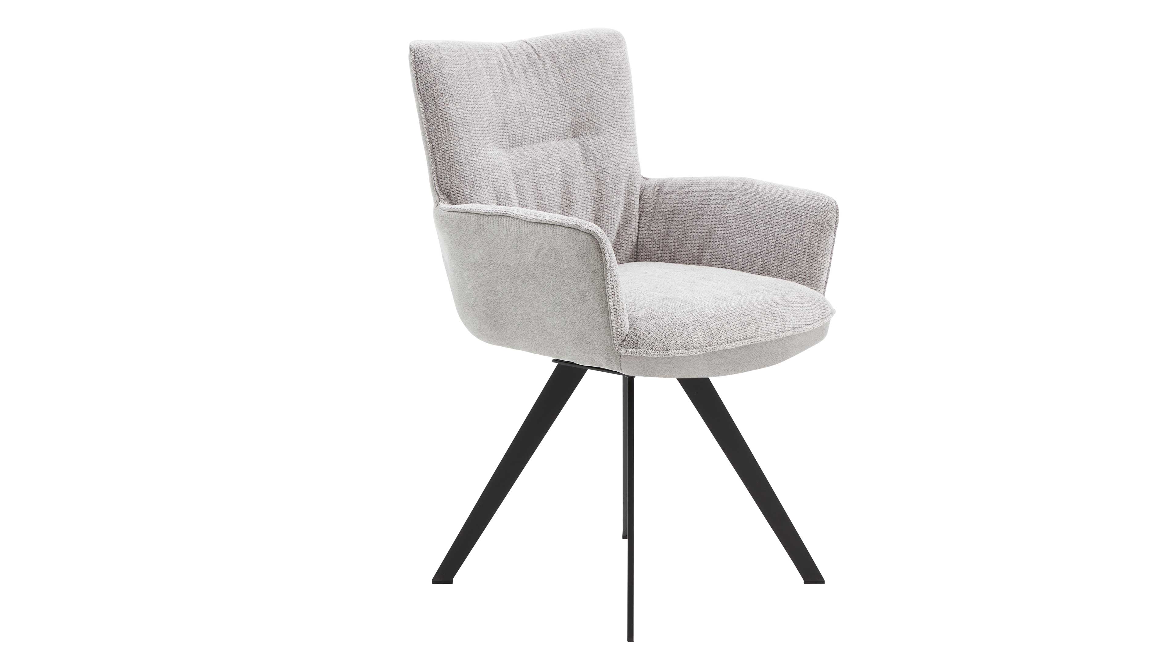 Gepolsterter hellgrauer Armlehnstuhl mit strukturierter Oberfläche, hoher Rückenlehne und drei schwarzen, schrägen Metallbeinen.