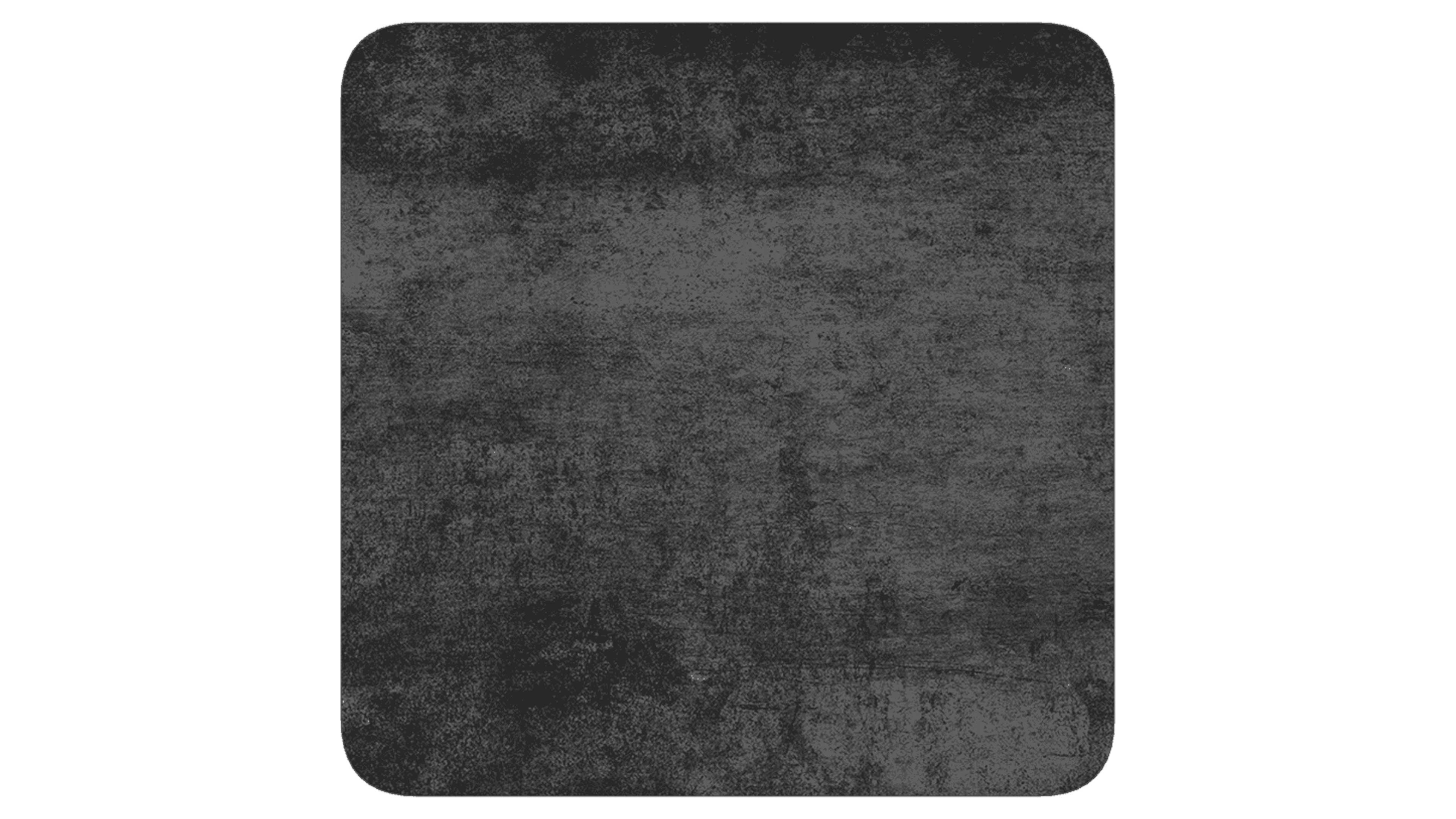 Quadratischer dunkelgrauer Teppich mit abgerundeten Ecken und unregelmäßiger, leicht melierter, fleckiger Oberfläche.