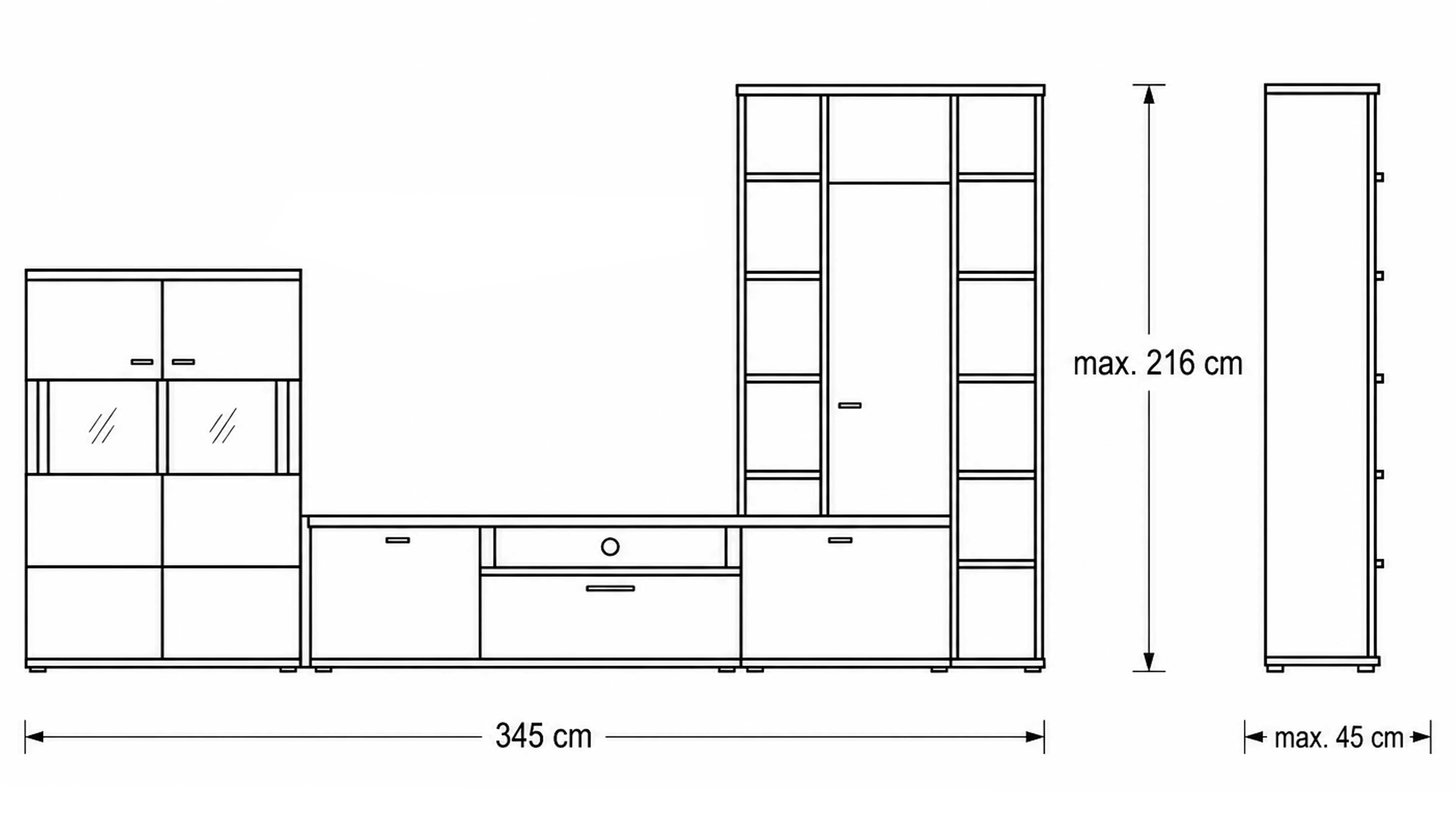 Wohnwand in Alteiche Dekor mit TV-Lowboard, Regalwand und Hängeregal für offenen Stauraum im Wohnzimmer