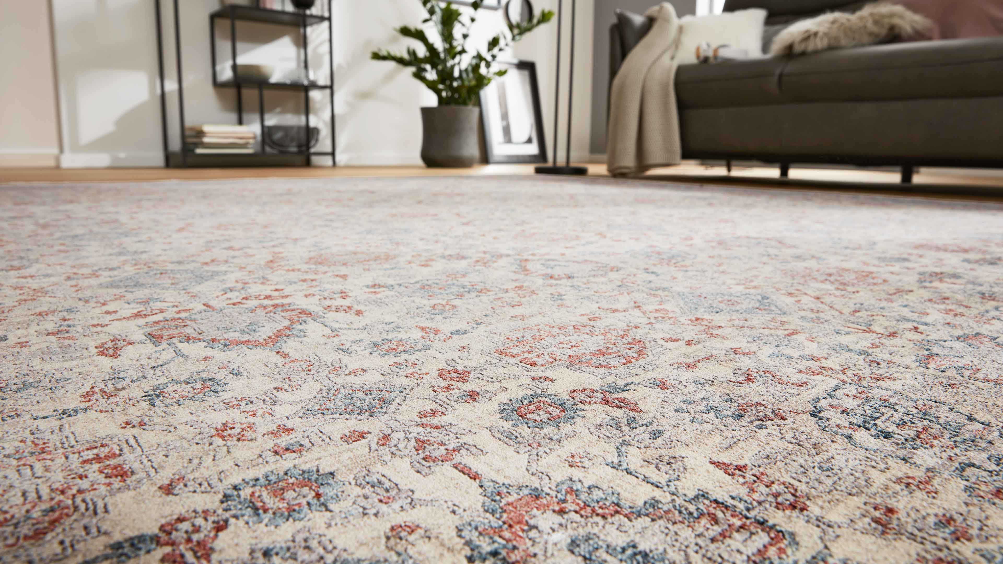 Großflächiger Teppich mit beigem Grund und dezenten rot-blauen Ornamenten, daneben Sofa, Pflanze und Regal.