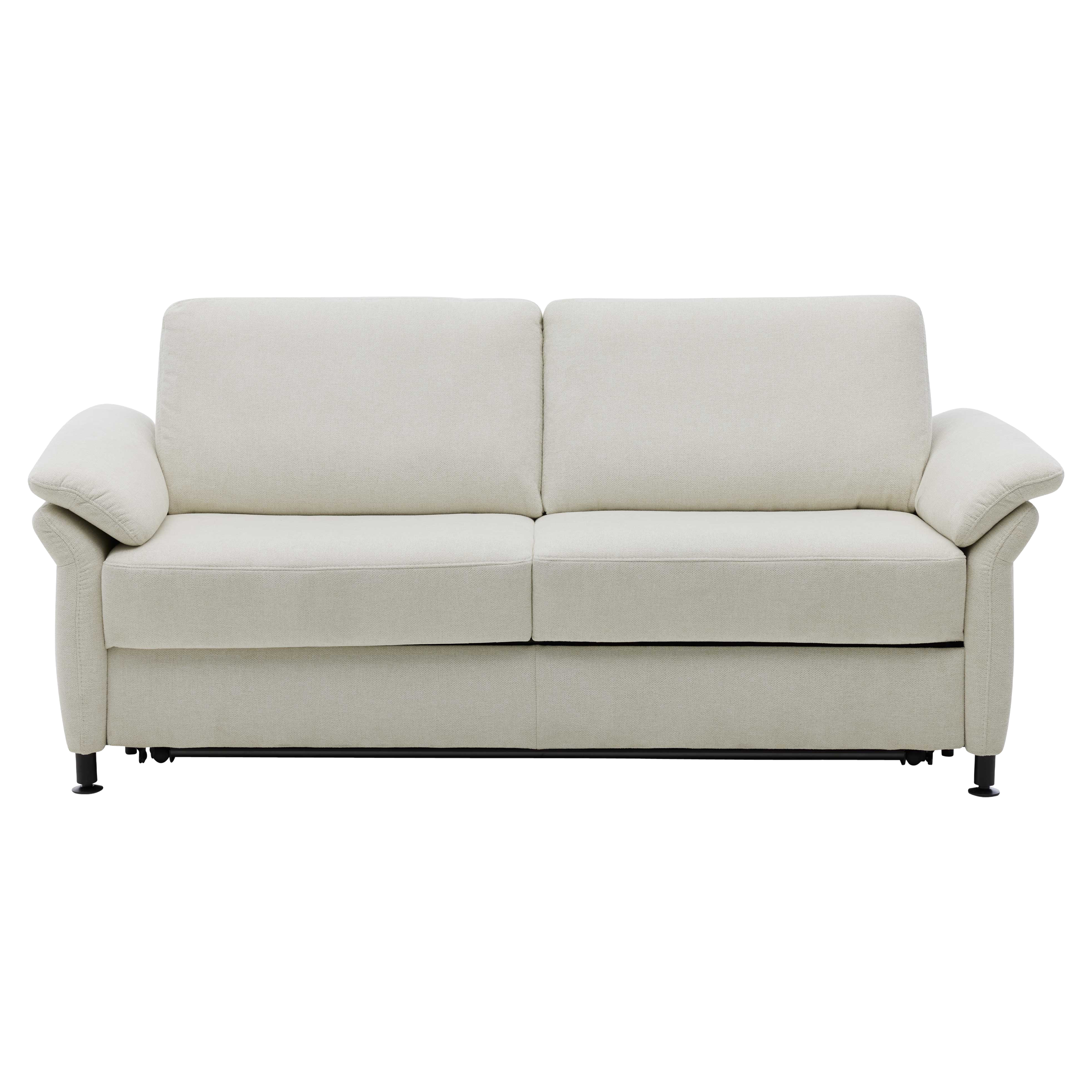 Zweisitziges hellbeiges Sofa mit zwei Rücken- und Sitzpolstern, leicht aufgepolsterten schrägen Armlehnen und schwarzen Metallfüßen.
