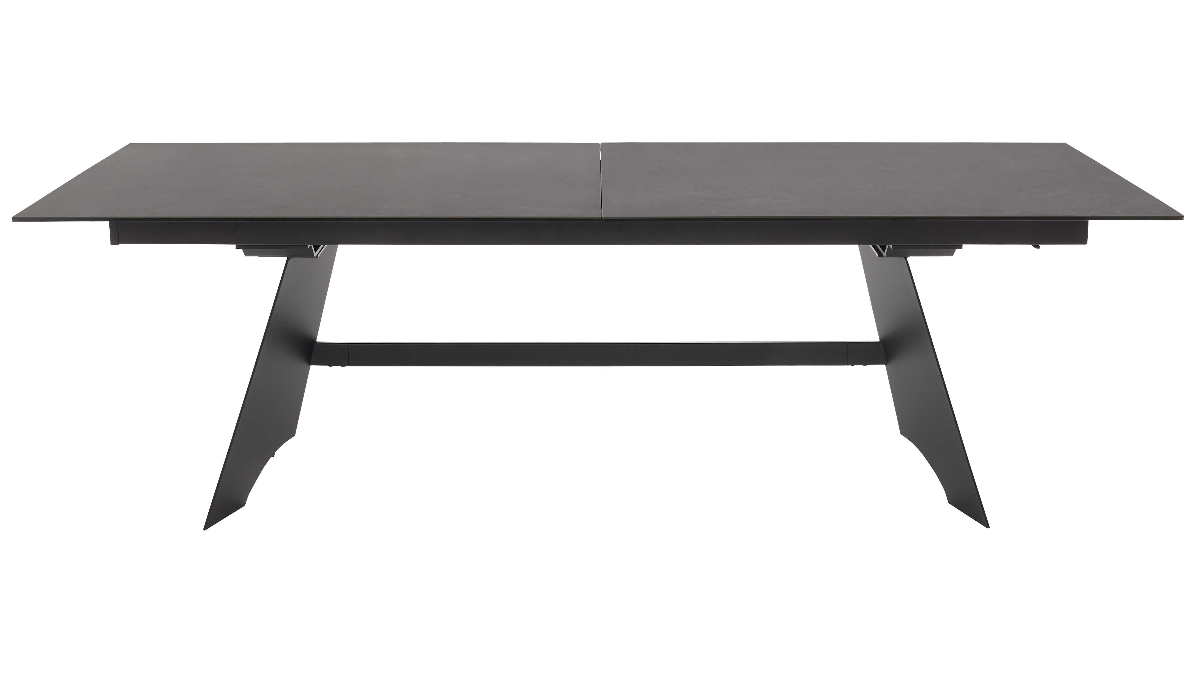 Ausziehtisch mit Glas-Keramik-Oberfläche in Oxidoptik und schwarzem Metallgestell für moderne Esszimmer und flexible Platzgestaltung