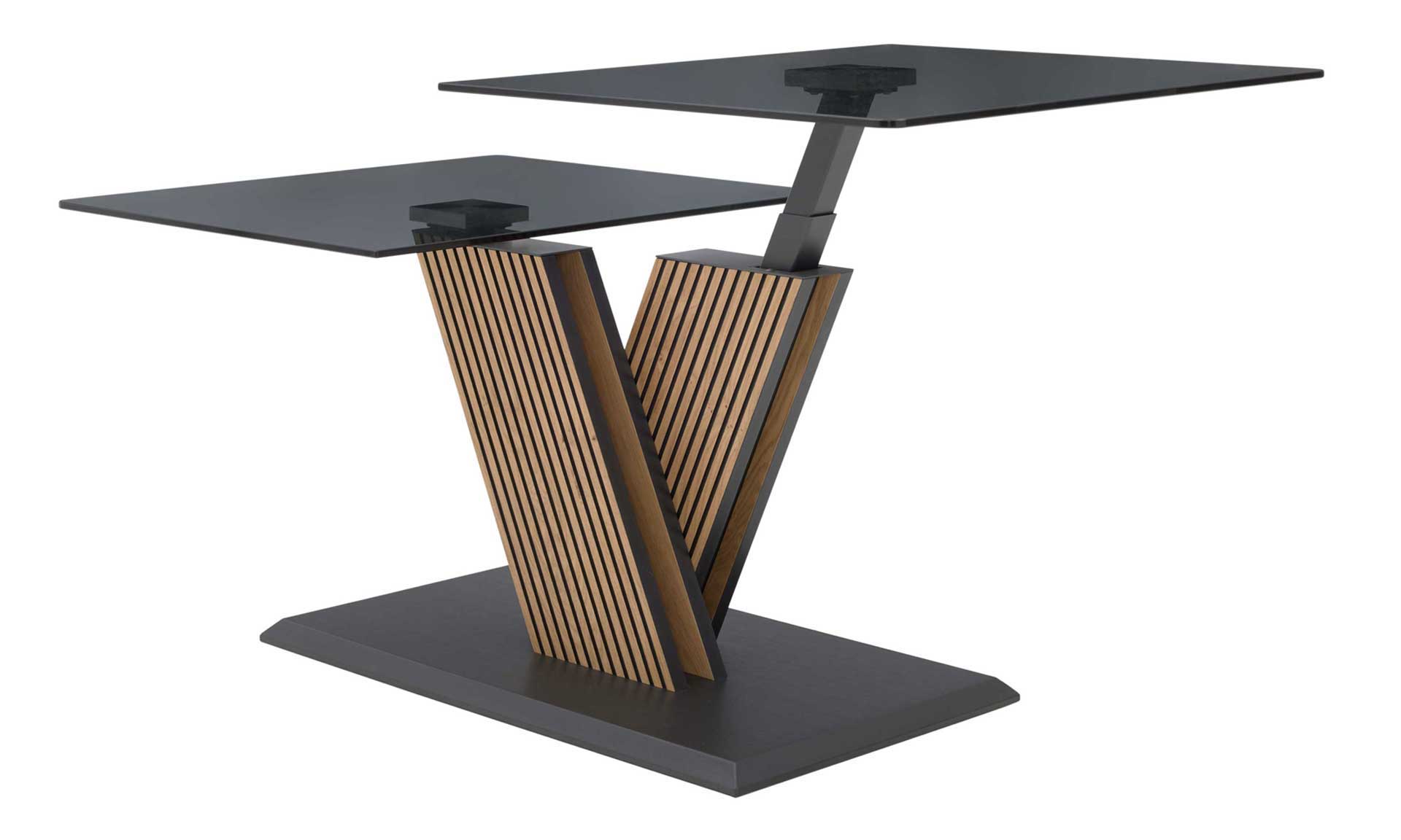Couchtisch mit schwenkbaren Glasplatten und X-Gestell aus Holzlamellen