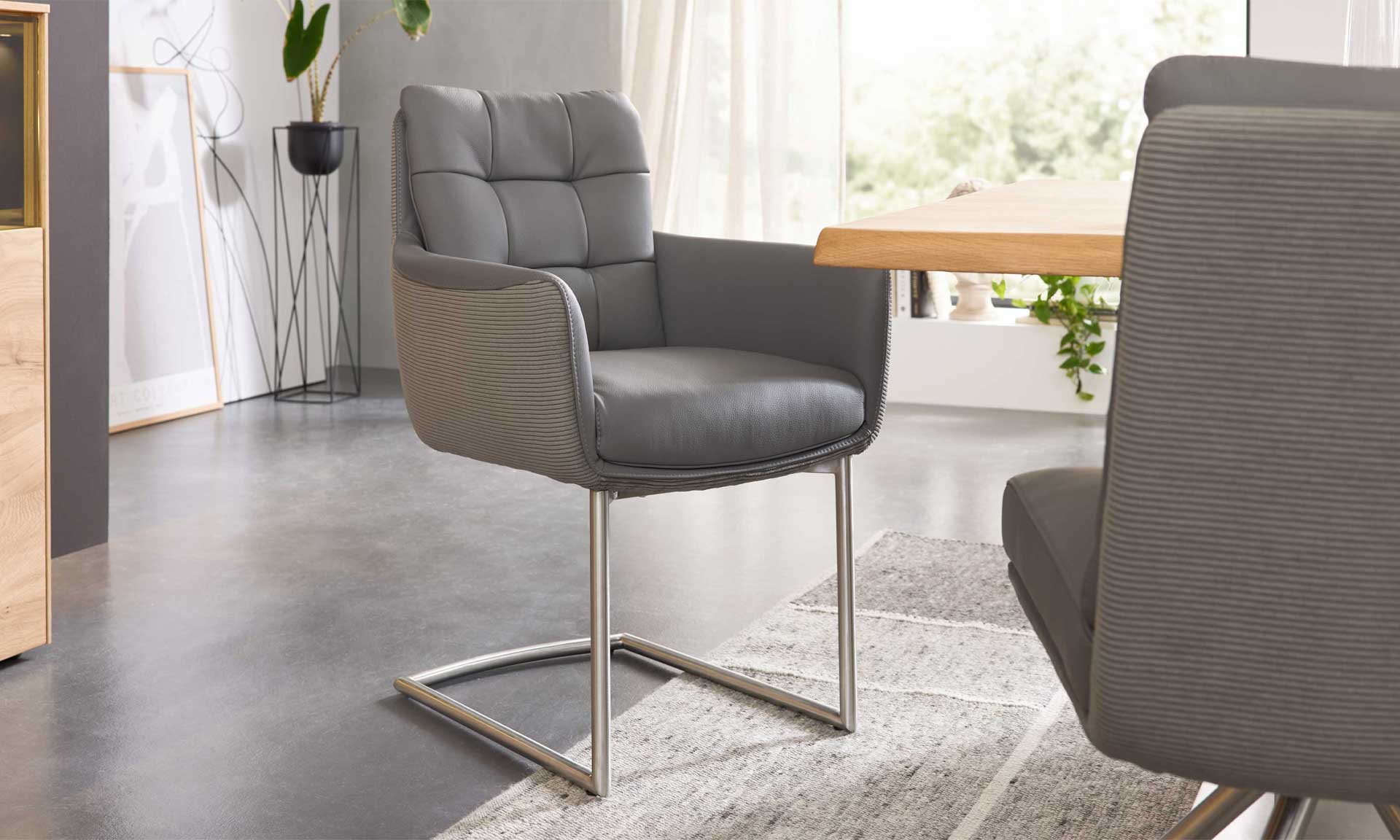 Freischwinger-Sessel mit grauem Leder-Cord-Mix und Edelstahlgestell
