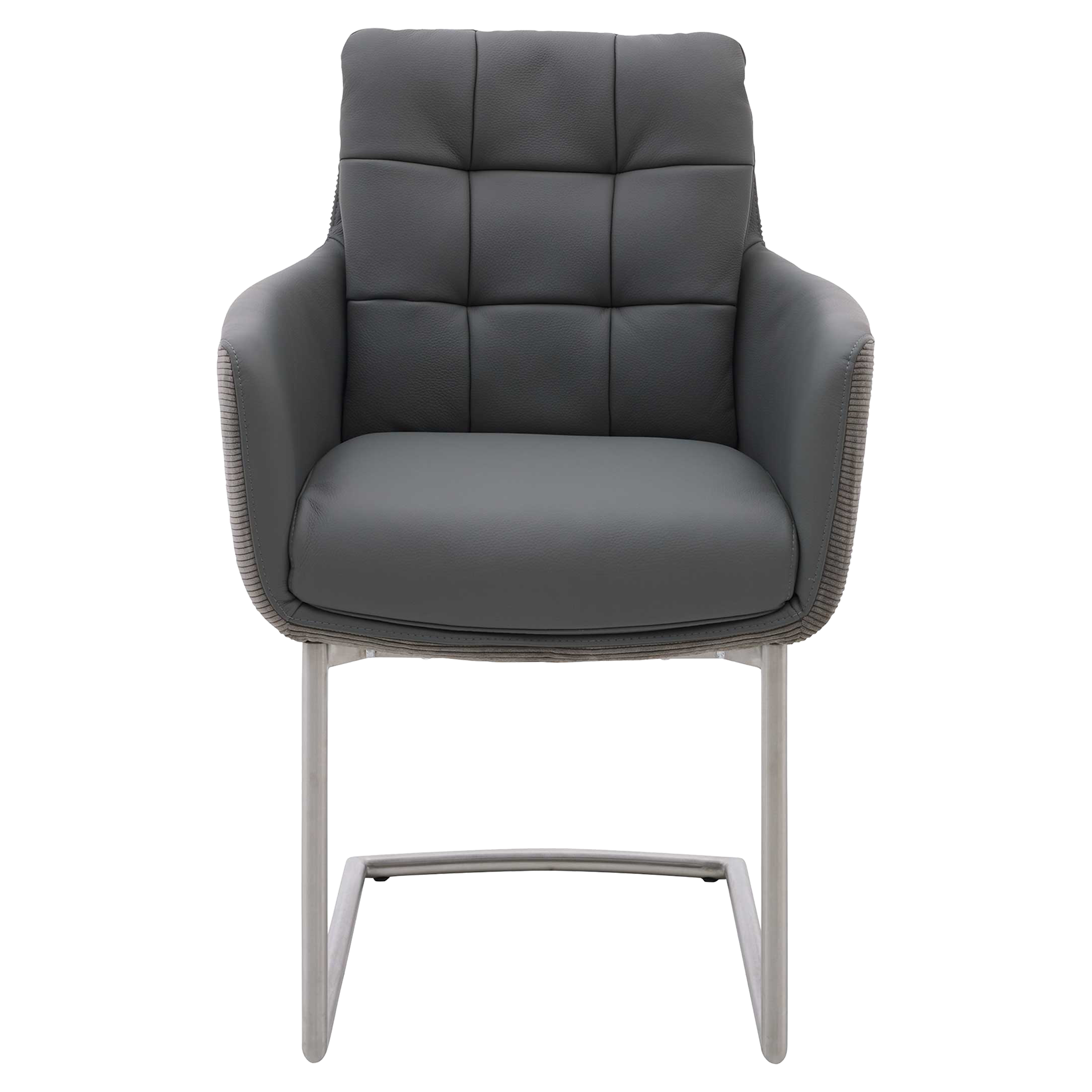 Freischwinger-Sessel mit grauem Leder-Cord-Mix und Edelstahlgestell
