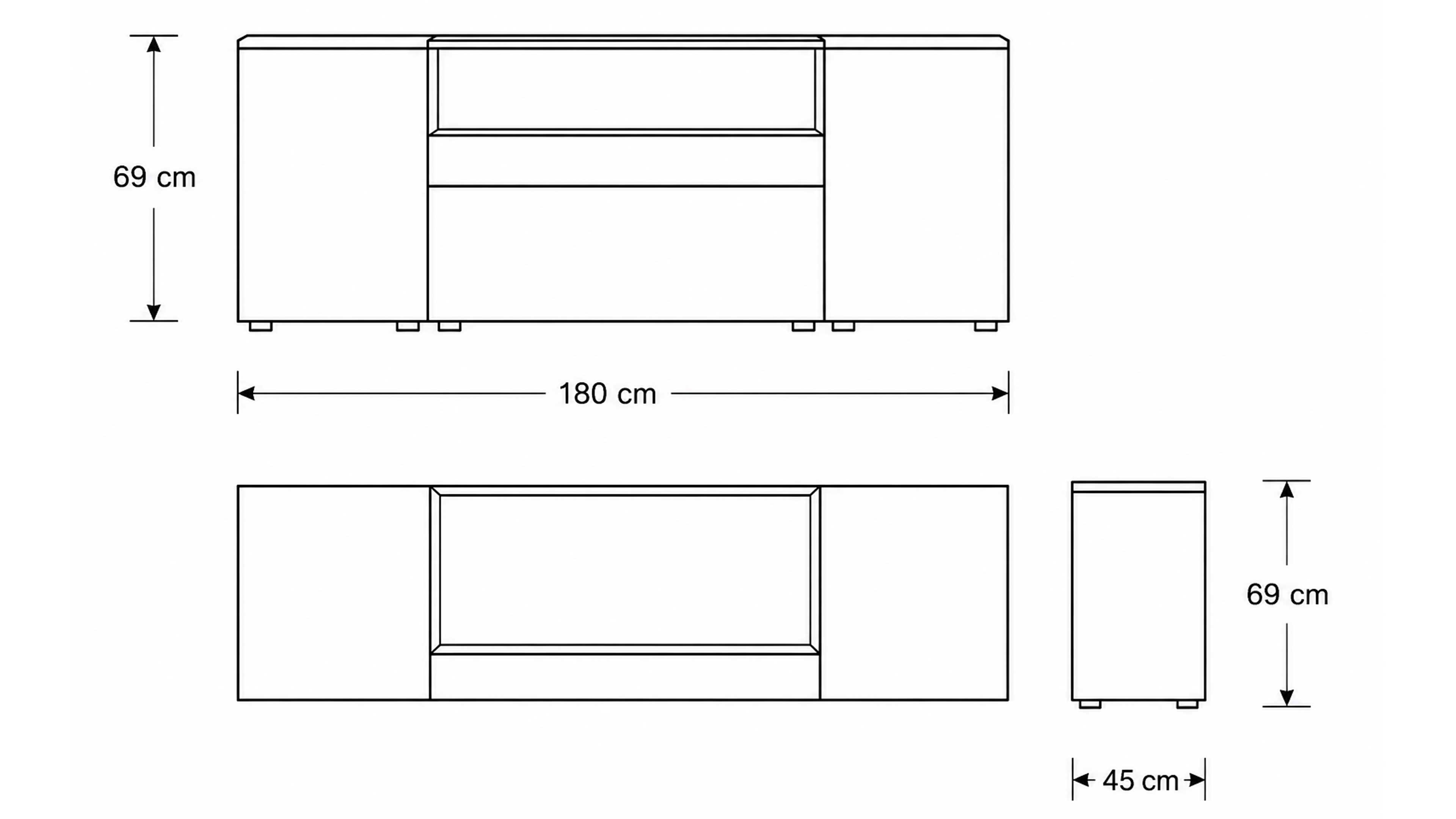 Sideboard in Grau mit Schubladen, Türen und offenem Medienfach für stilvollen Stauraum im Wohnzimmer
