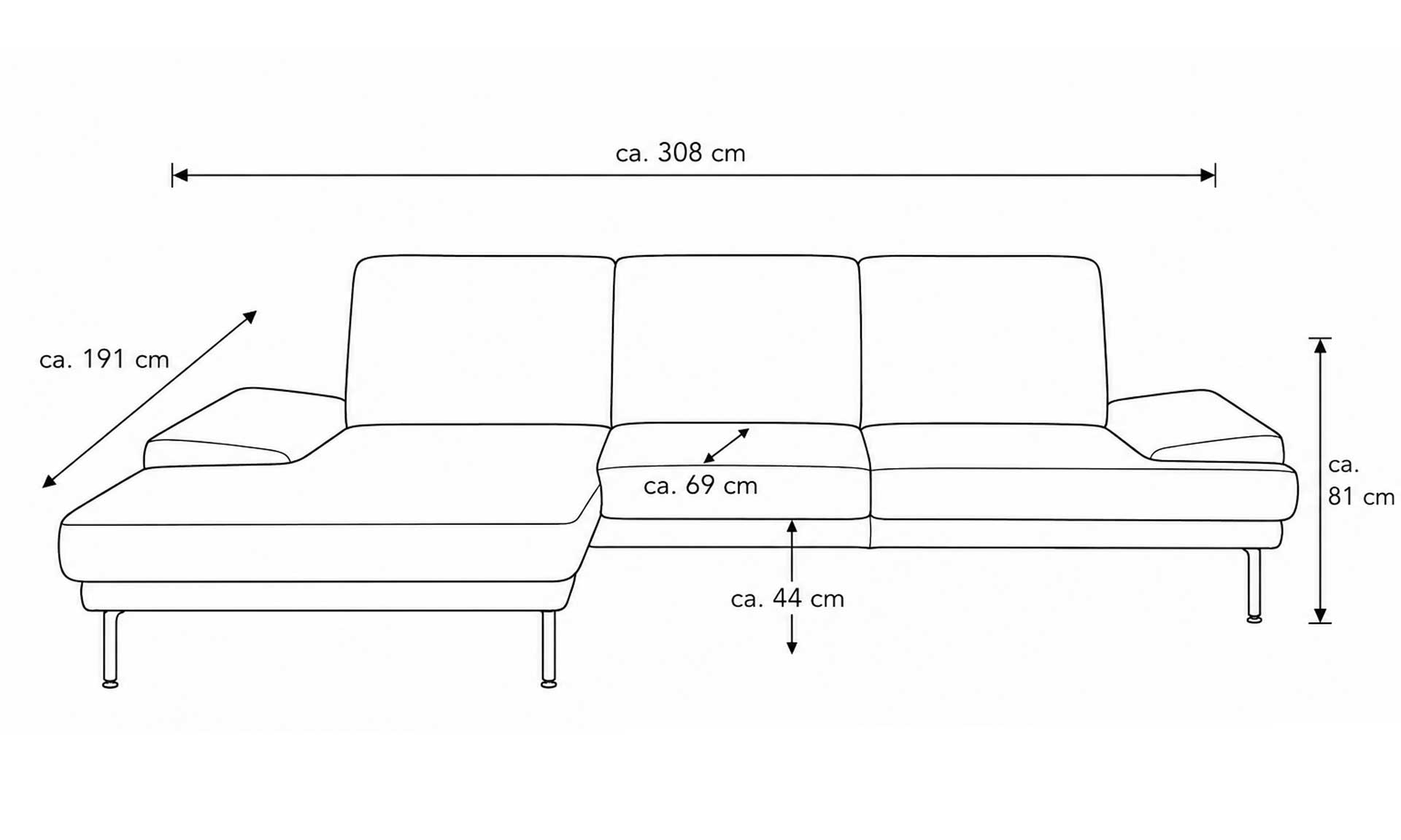 Ecksofa mit runden schwarzen Metallfüßen und Stoff in Silber