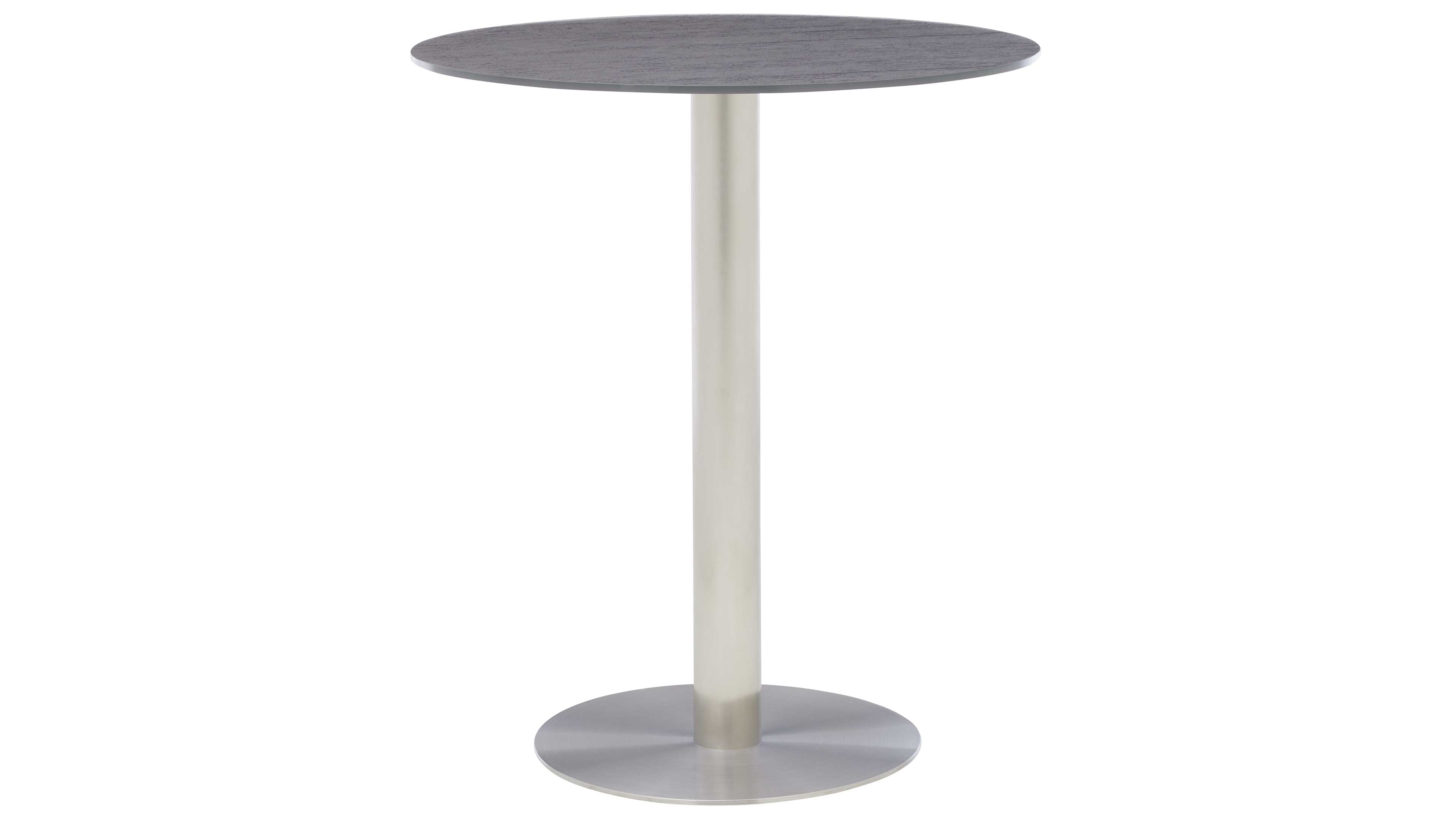 Runder Bistrotisch mit dunkelgrauer Tischplatte in Holzoptik, eine zentrale Metallsäule und flache runde Metallfußplatte.