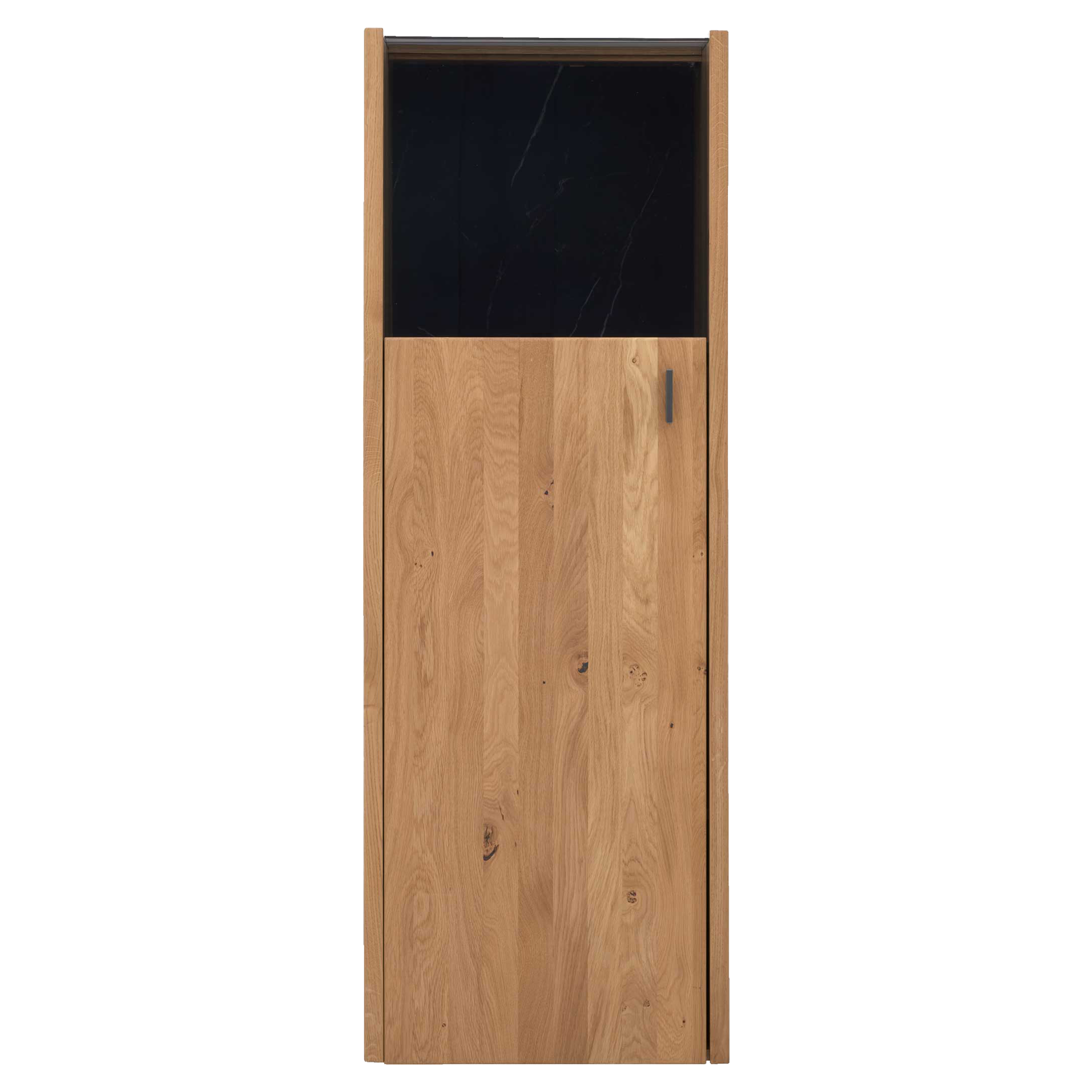 Highboard-Vitrine in Asteiche mit Schwarzglas-Einsatz in der Tür