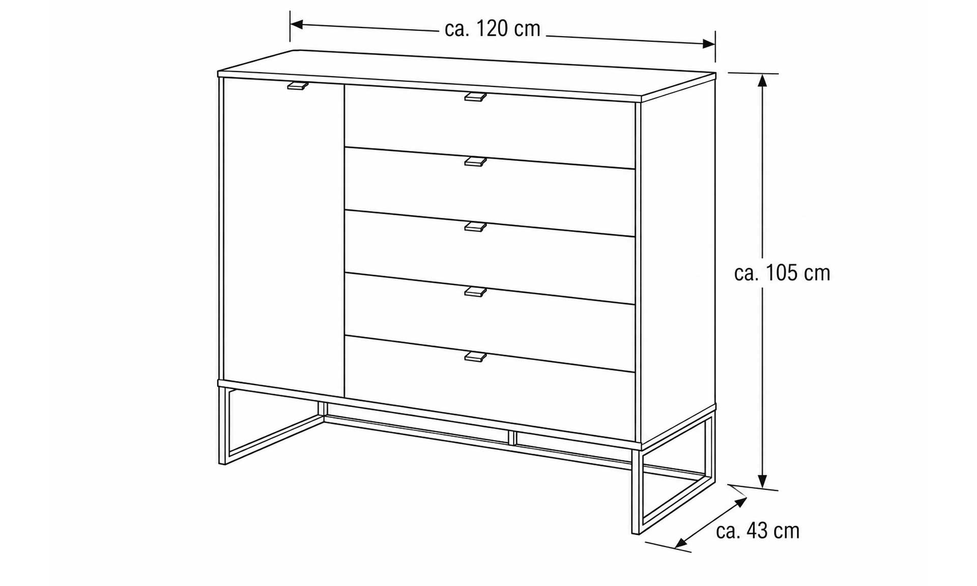 Schlafzimmerkommode in Graubeige mit fünf Schubladen und Holztür auf Metall-Kufengestell