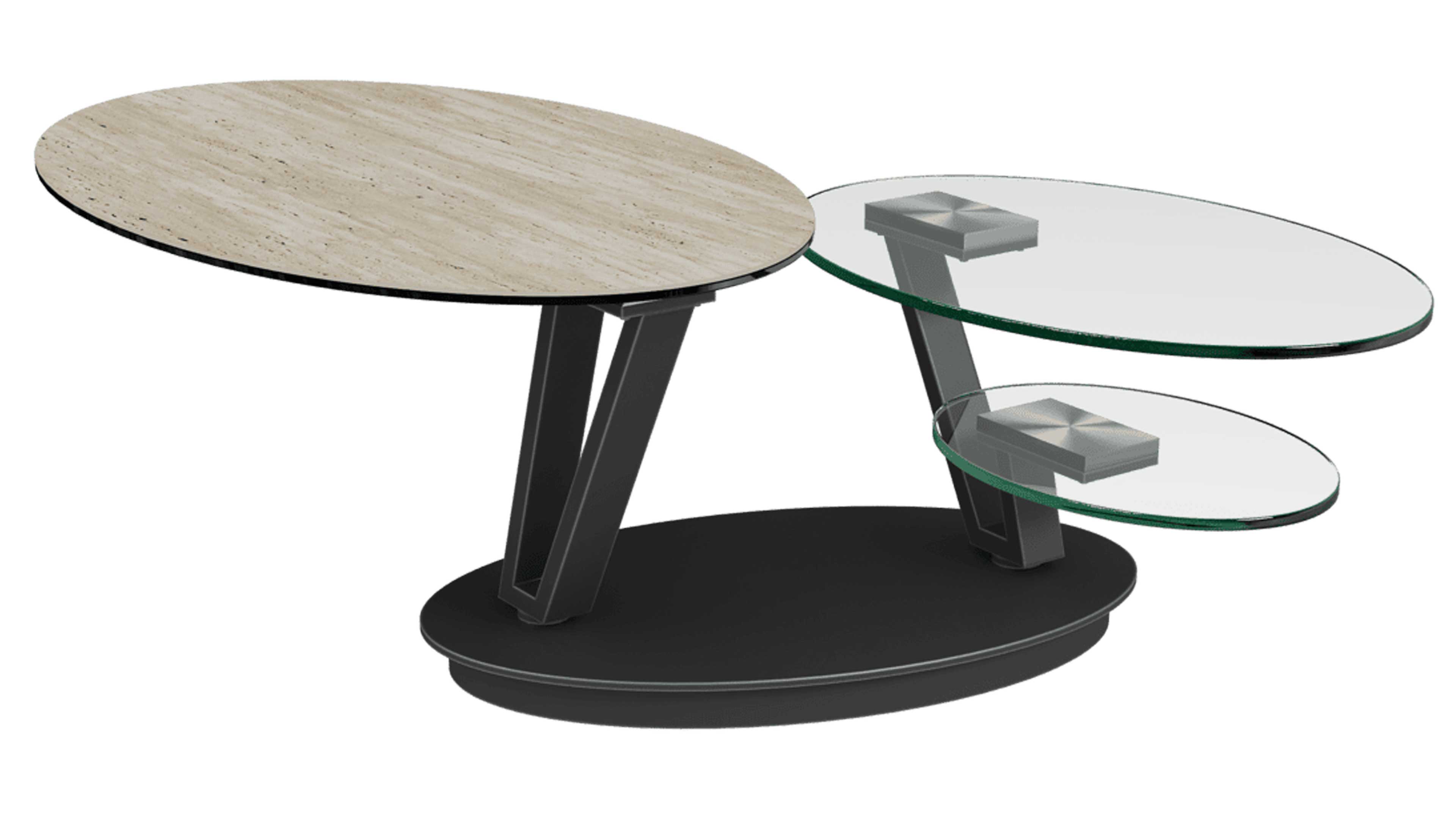Ovaler Couchtisch mit holzfarbener Platte links, zwei gestaffelten ovalen Glasablagen rechts, schwarzen Stützen und einer schwarzen Basis.