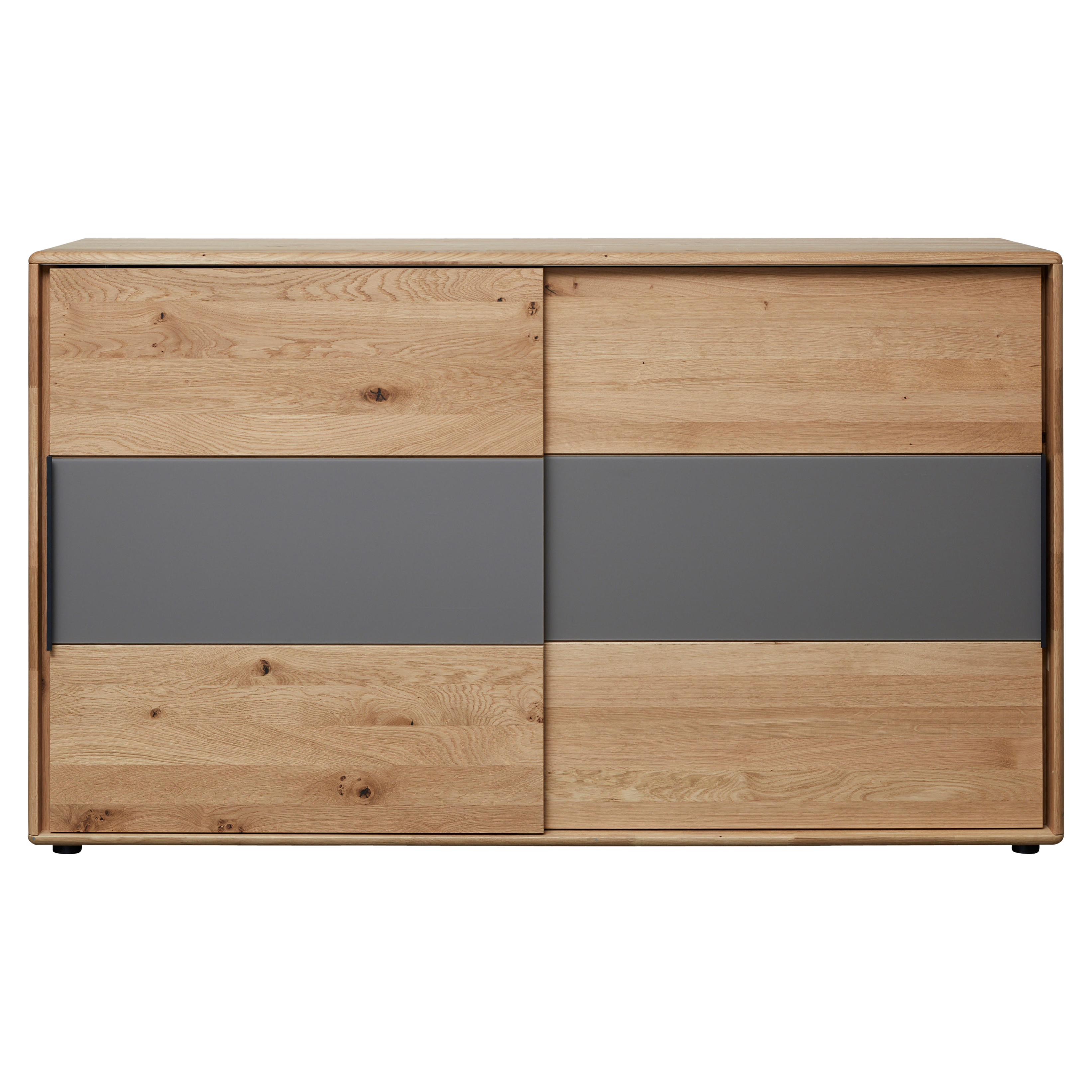 Sideboard aus hellem Naturholz mit mittig durchlaufendem grauen Einsatz, zweiteiligen Schiebetüren.