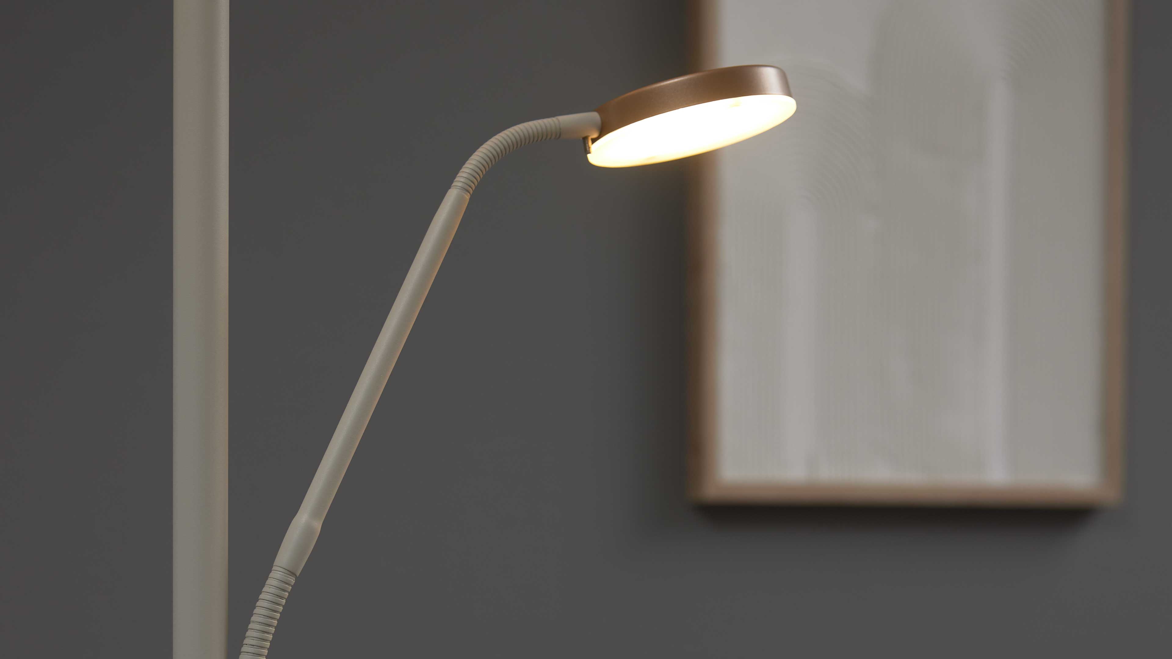 Schlanke Leselampe mit flexiblem Schwanenhals und rundem kupferfarbenem Lampenkopf vor dunkelgrauer Wand und unscharf gerahmtem Bild.