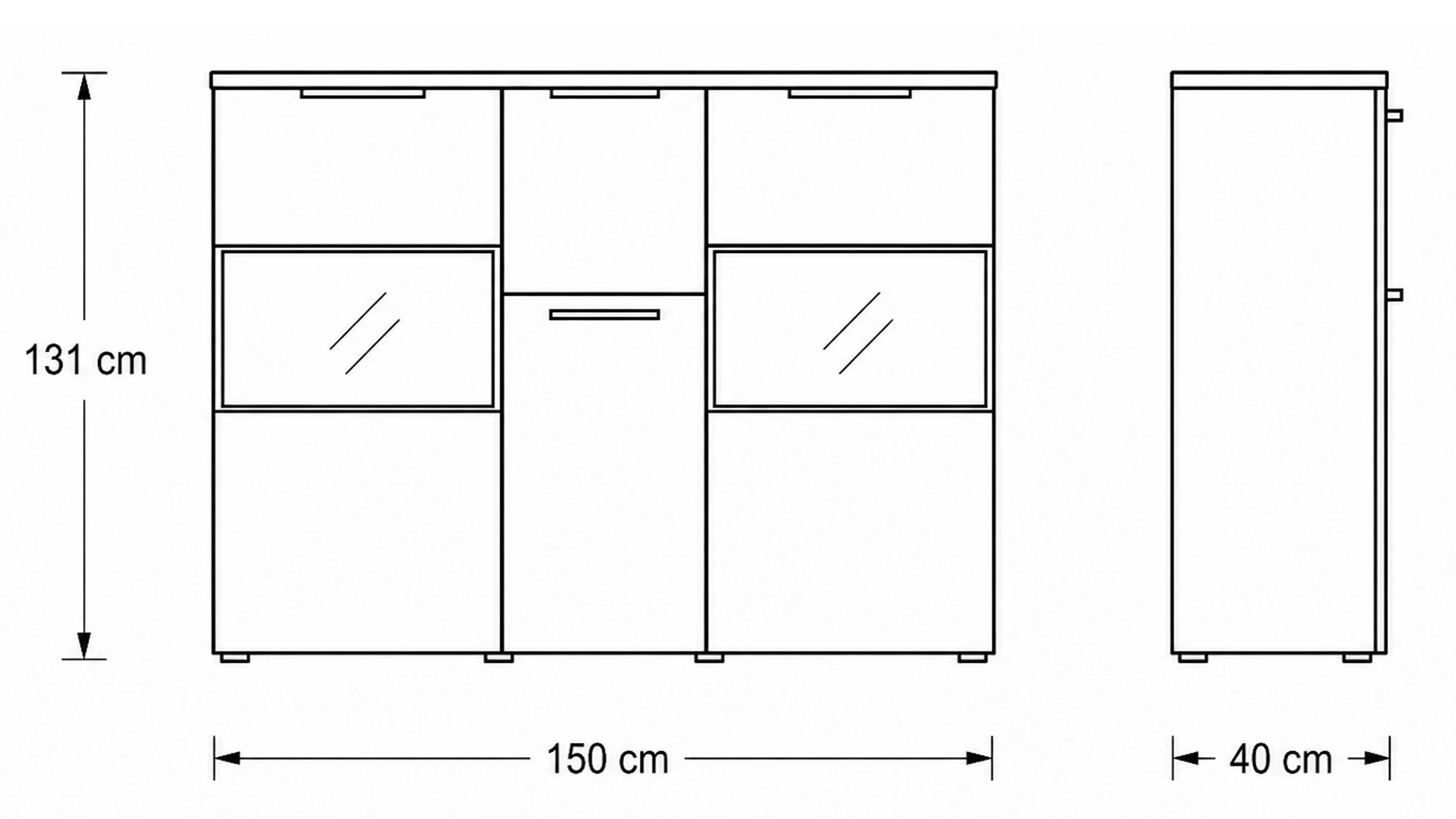 Highboard in Risseiche Dekor mit Glaseinsätzen, Türen und Schubladen für geschlossenen Stauraum im Wohnbereich