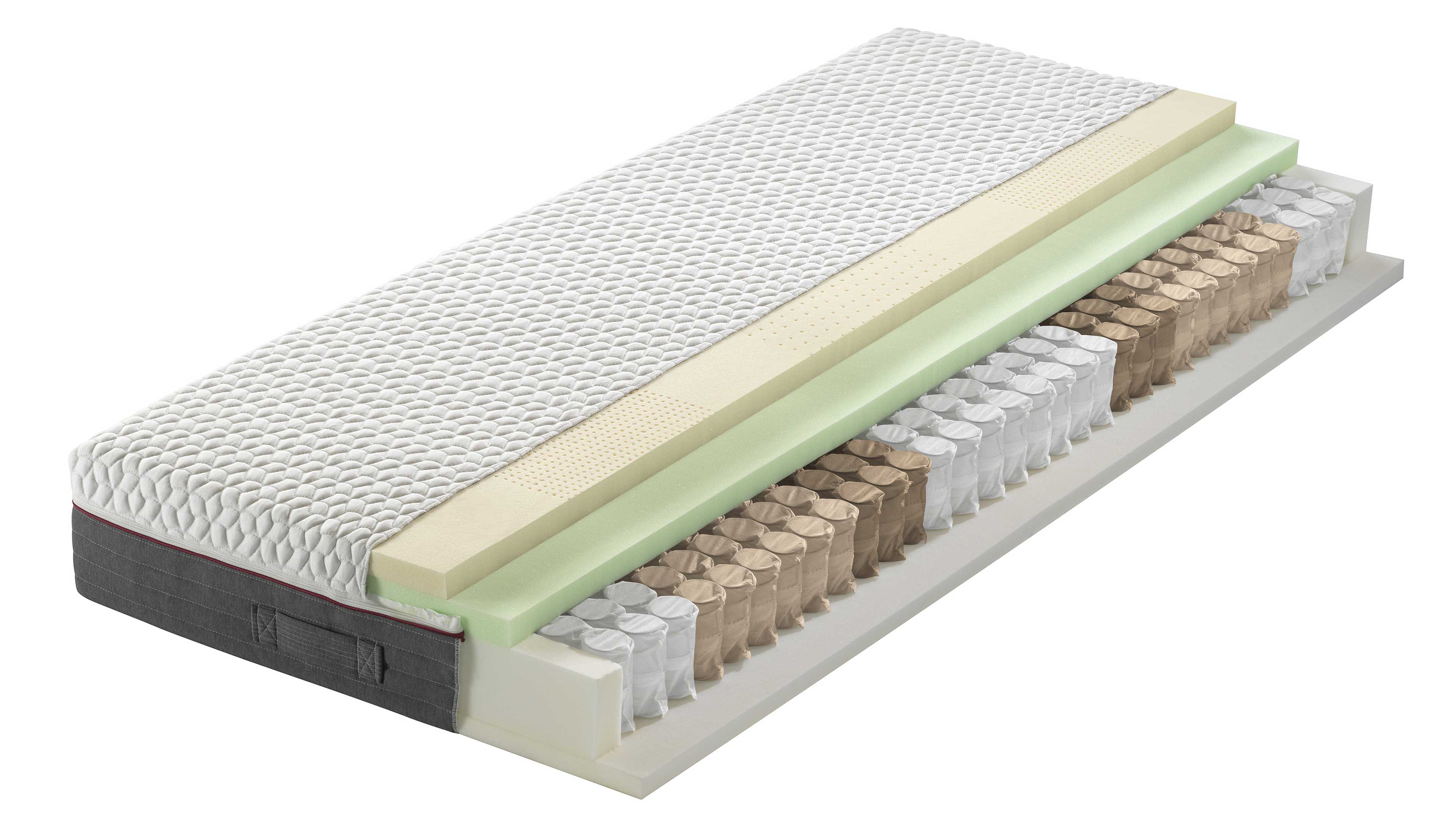 Querschnitt einer Matratze mit weißem Bezug, Schaumkern (beige, hellgrün), Taschenfederkern in Weiß und Braun und grauem Bezug mit Griffen.