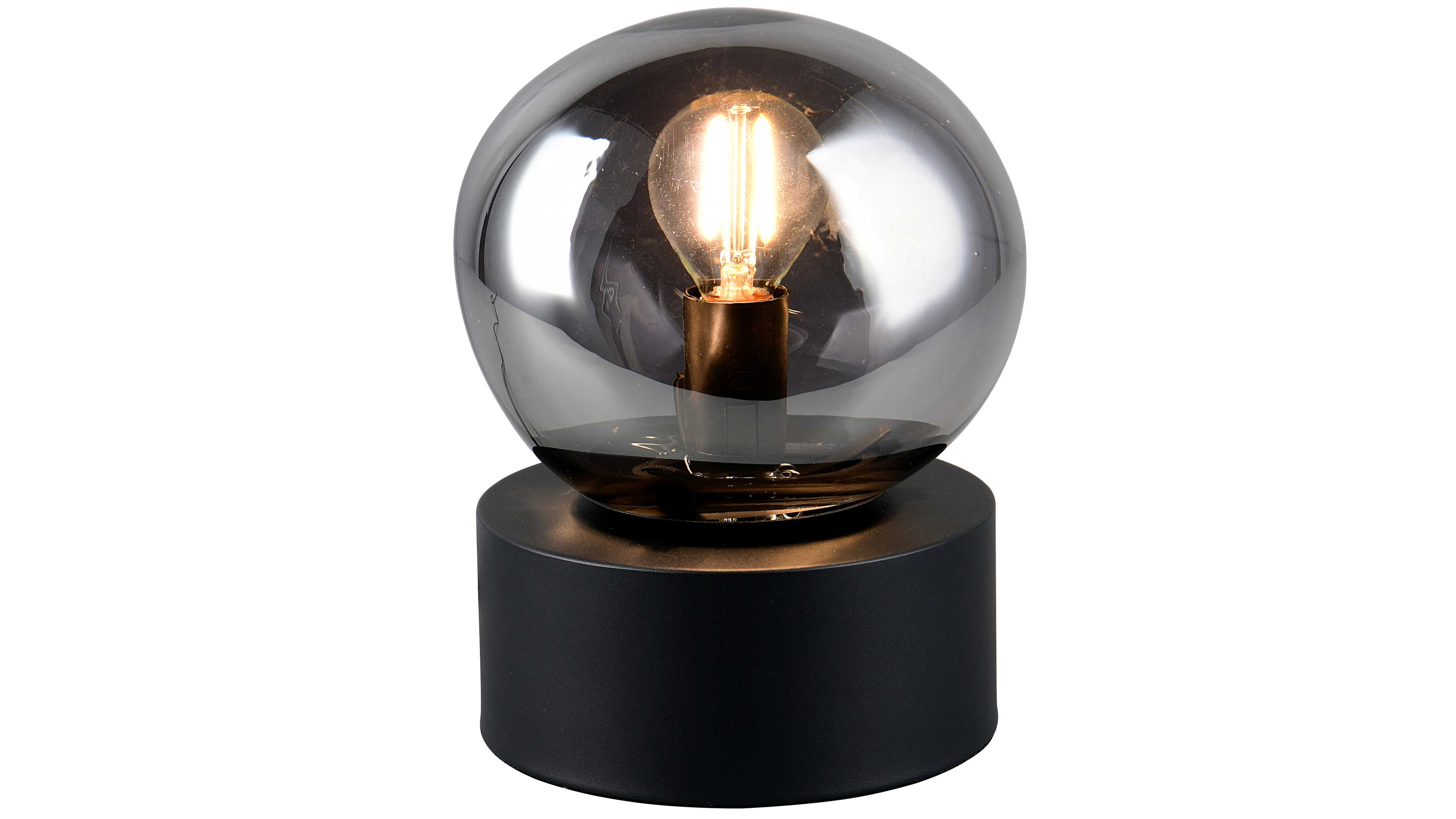 Runde Rauchglas-Kugel mit eingeschalteter Filament-Glühbirne, sitzend auf einem zylindrischen schwarzen Metallfuß.