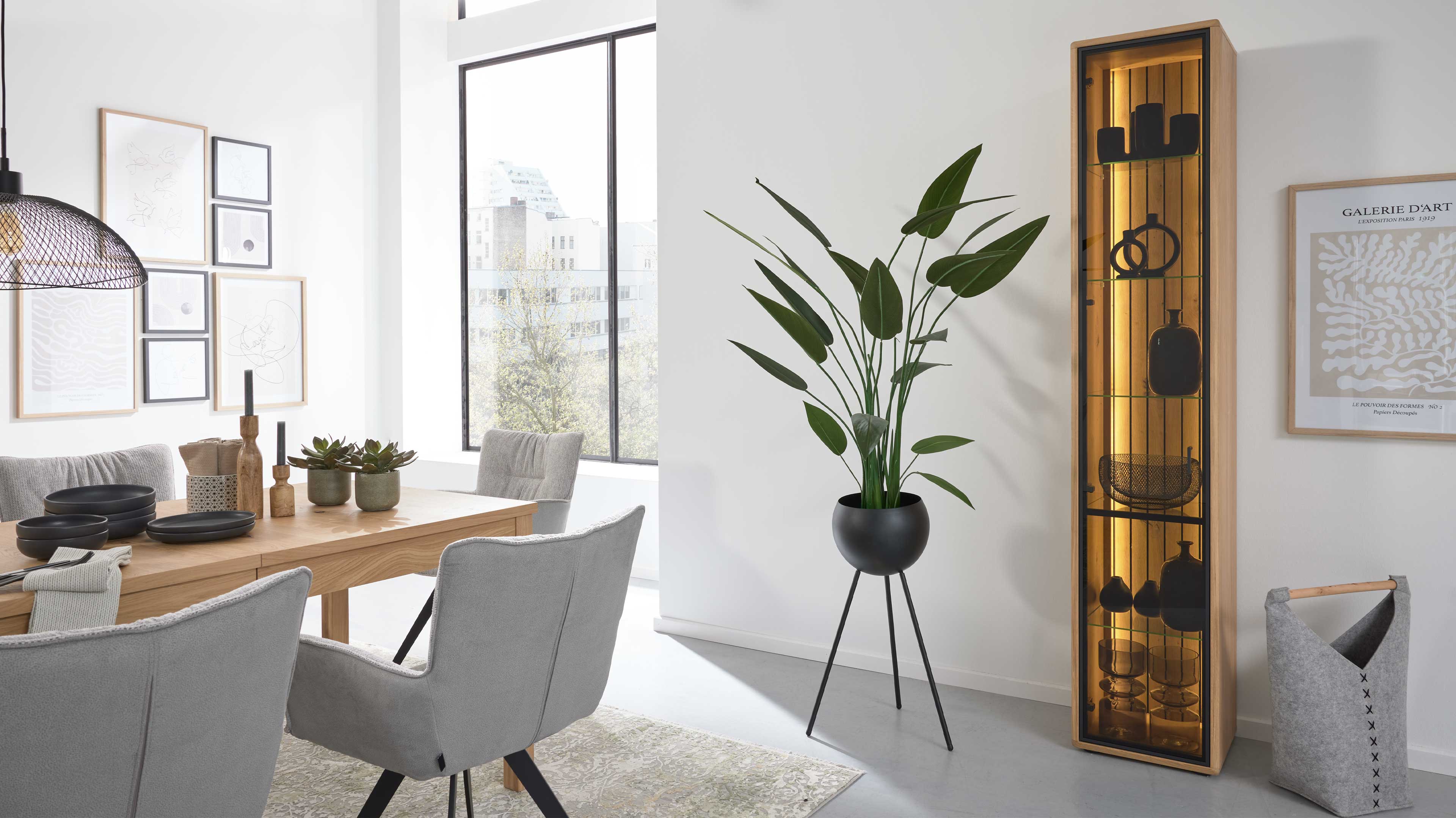 Hohe Vitrine mit Schwarzglasfront und Eichefurnier