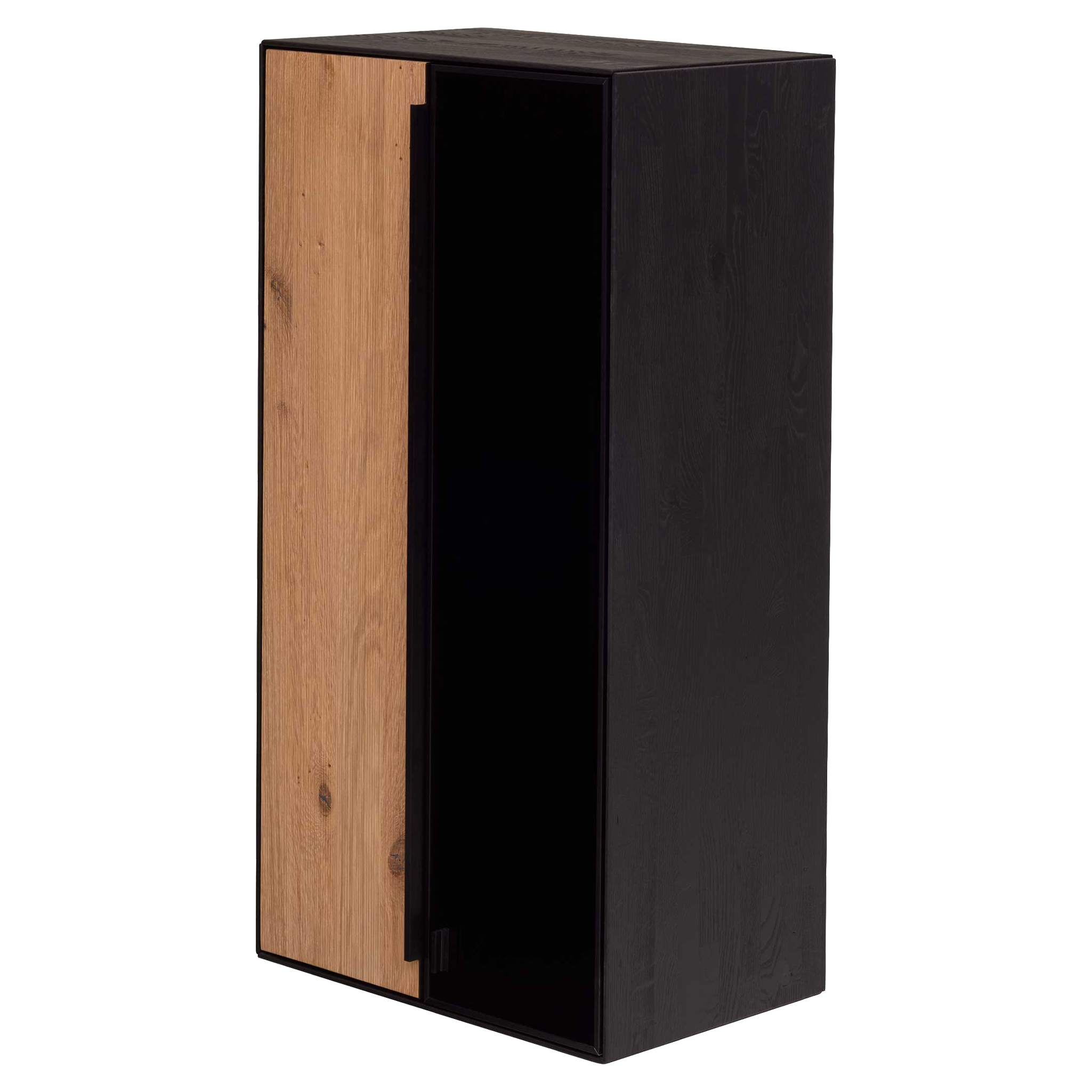 Schmaler hochformatiger Schrank mit schwarzem Korpus, links naturfarbene Holzfronttür und mittig eine offene dunkle Nische.