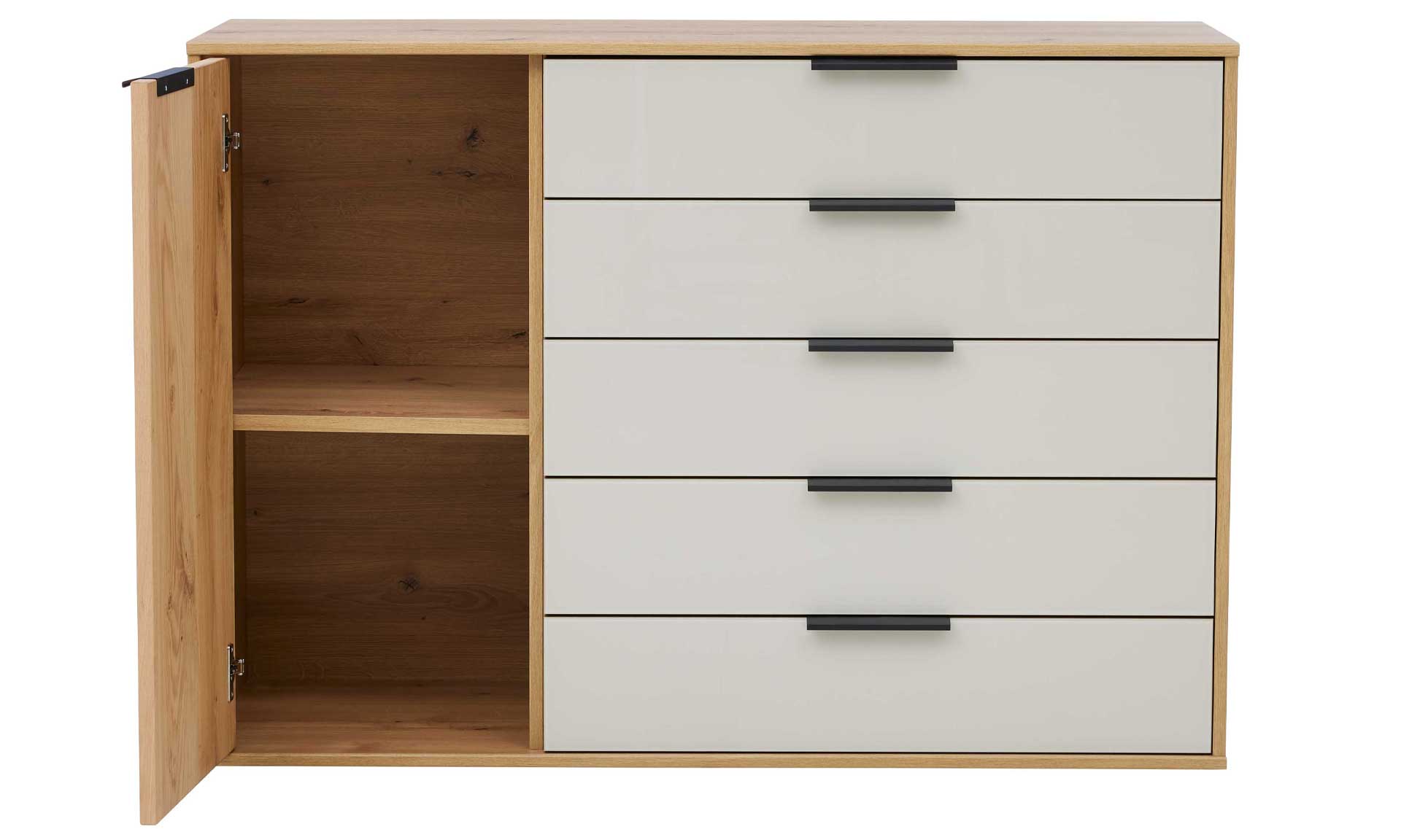 Kommode mit Hochglanzfronten in Beige-Grau und Korpus in Eiche-Optik