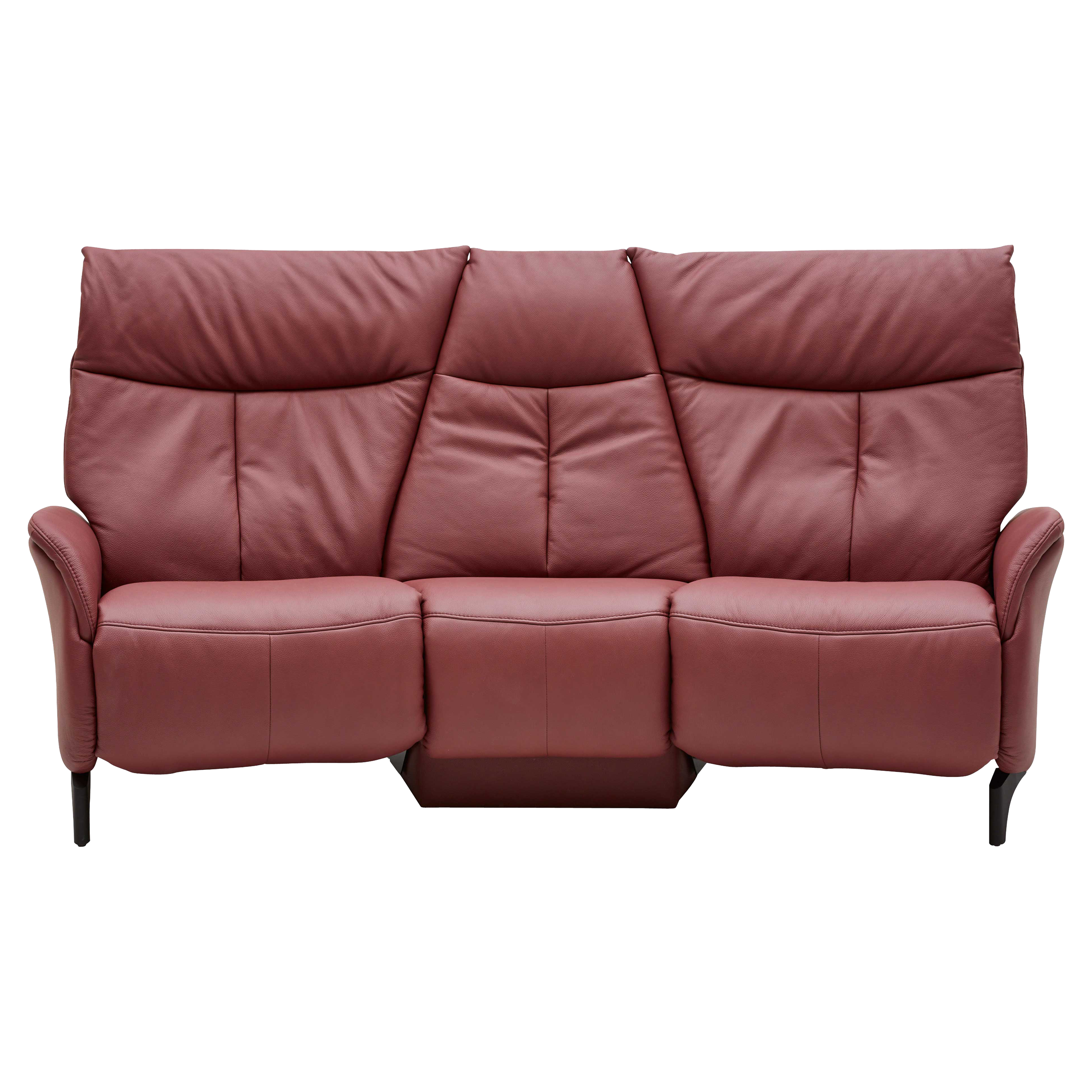 Dreisitziges dunkelrotes Ledersofa mit hoher Rückenlehne, geteilten Polstern, gepolsterten Sitzflächen, Armlehnen und schlanken Füßen.