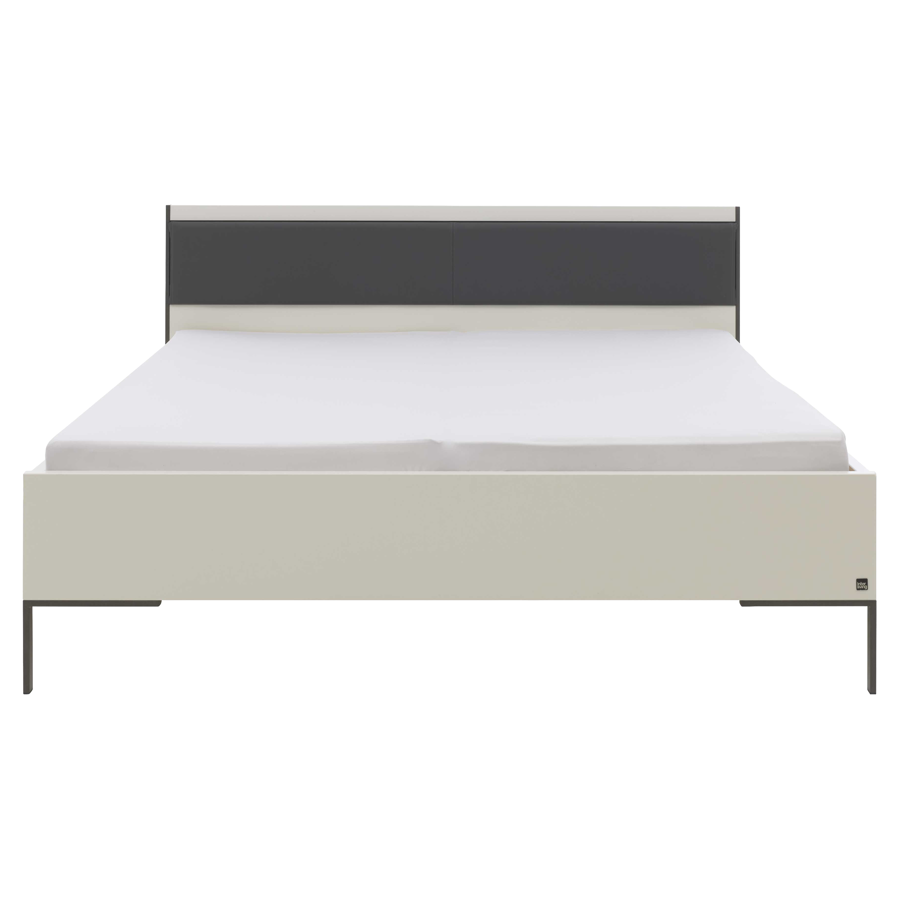 Doppelbett in Weiß Hochglanz mit schwebender Optik, Polsterkopfteil in Dunkelgrau