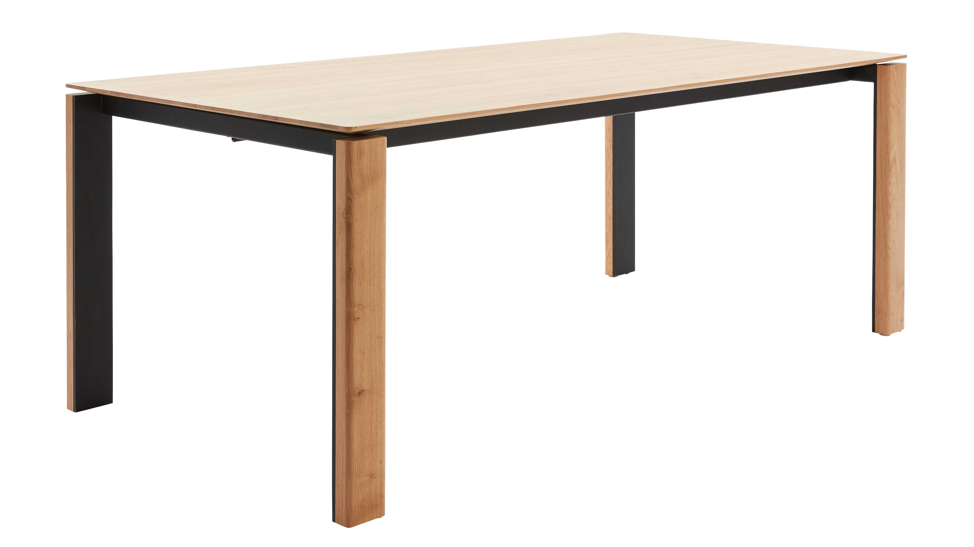 Rechteckiger Tisch mit heller Holzplatte, schwarzem Metallgestell und vier Beinen mit Holzverkleidung, ohne Dekoration.