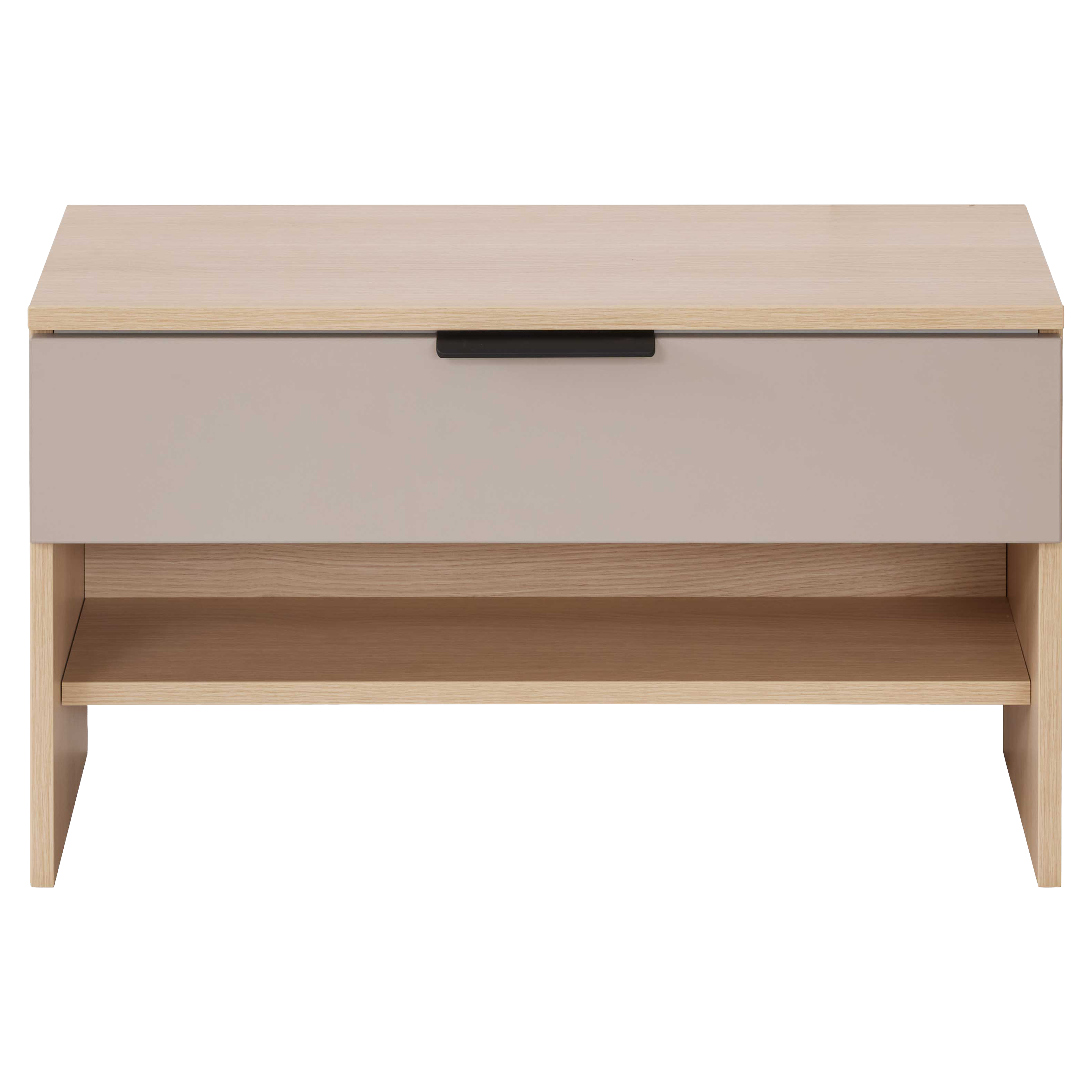 Moderne Sitzbank in heller Optik mit Stauraumfach und offener Ablage für Schuhe
