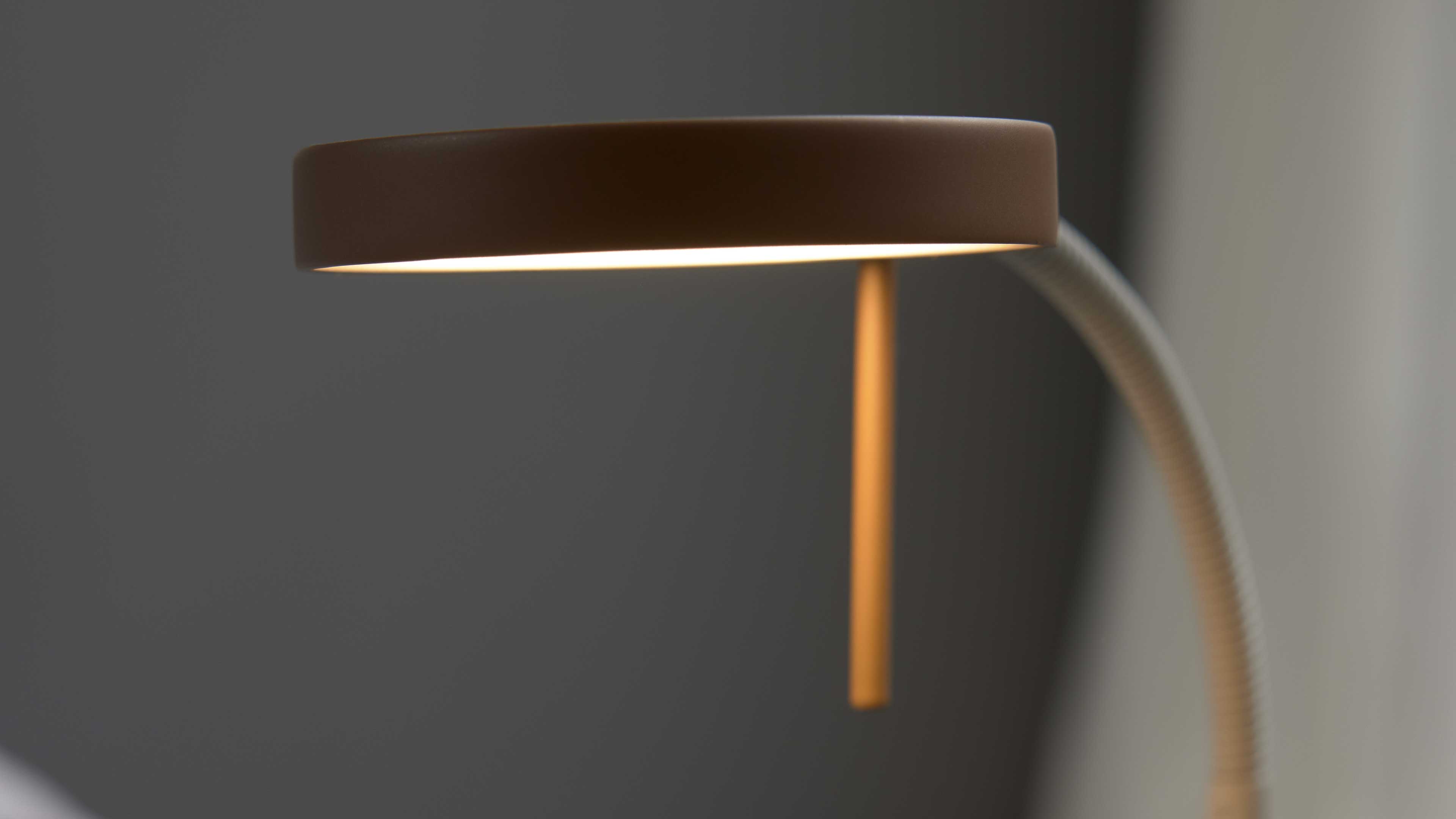 Runde Lampe mit flachem Leuchtenschirm, darunter hängender schmaler Leuchtstab und gebogener, gerippter Schwanenhals.