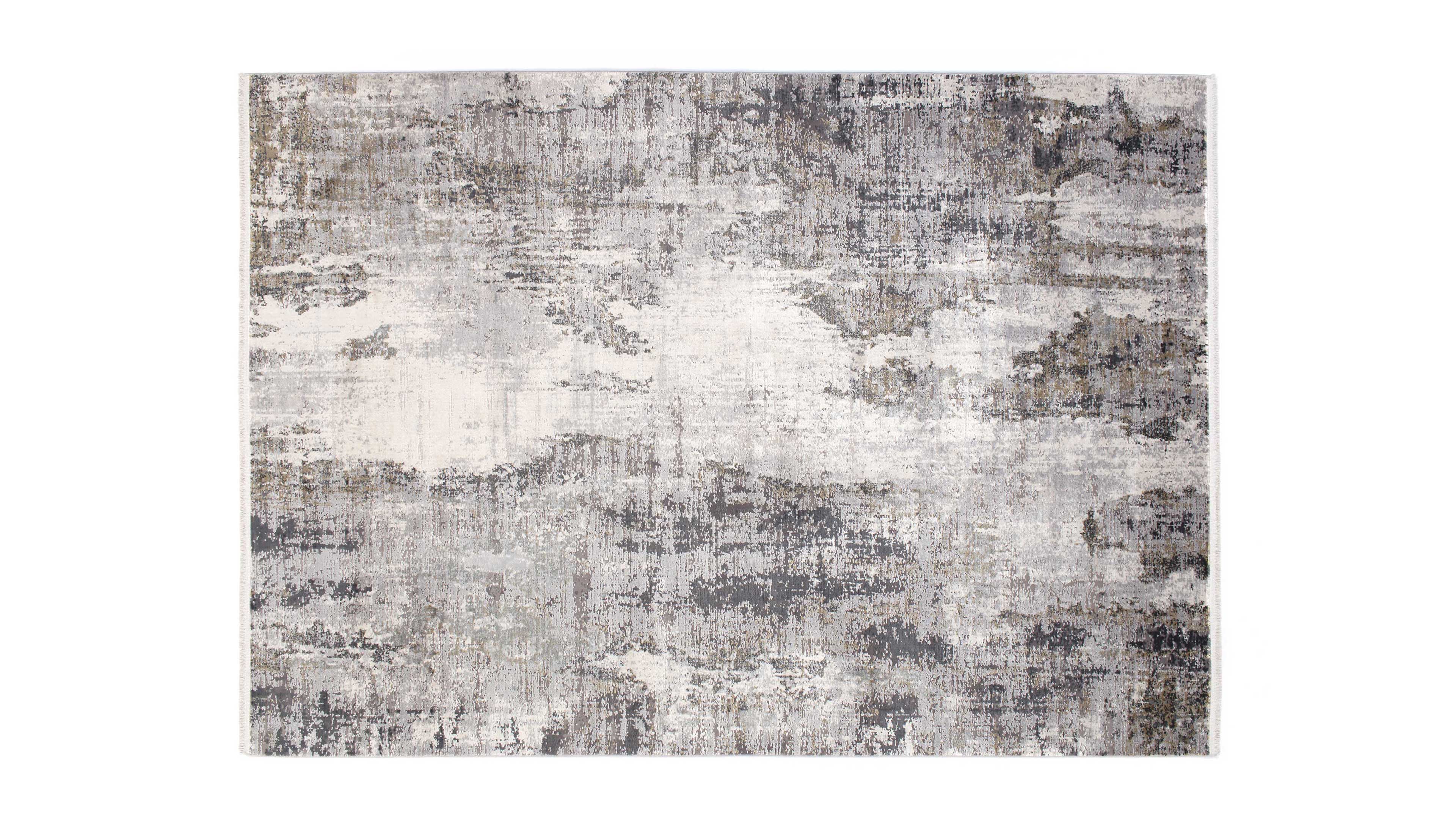 Rechteckiger Teppich mit abstraktem, verwittertem Muster in Grau-, Beige- und Weißtönen und hellem Rand.