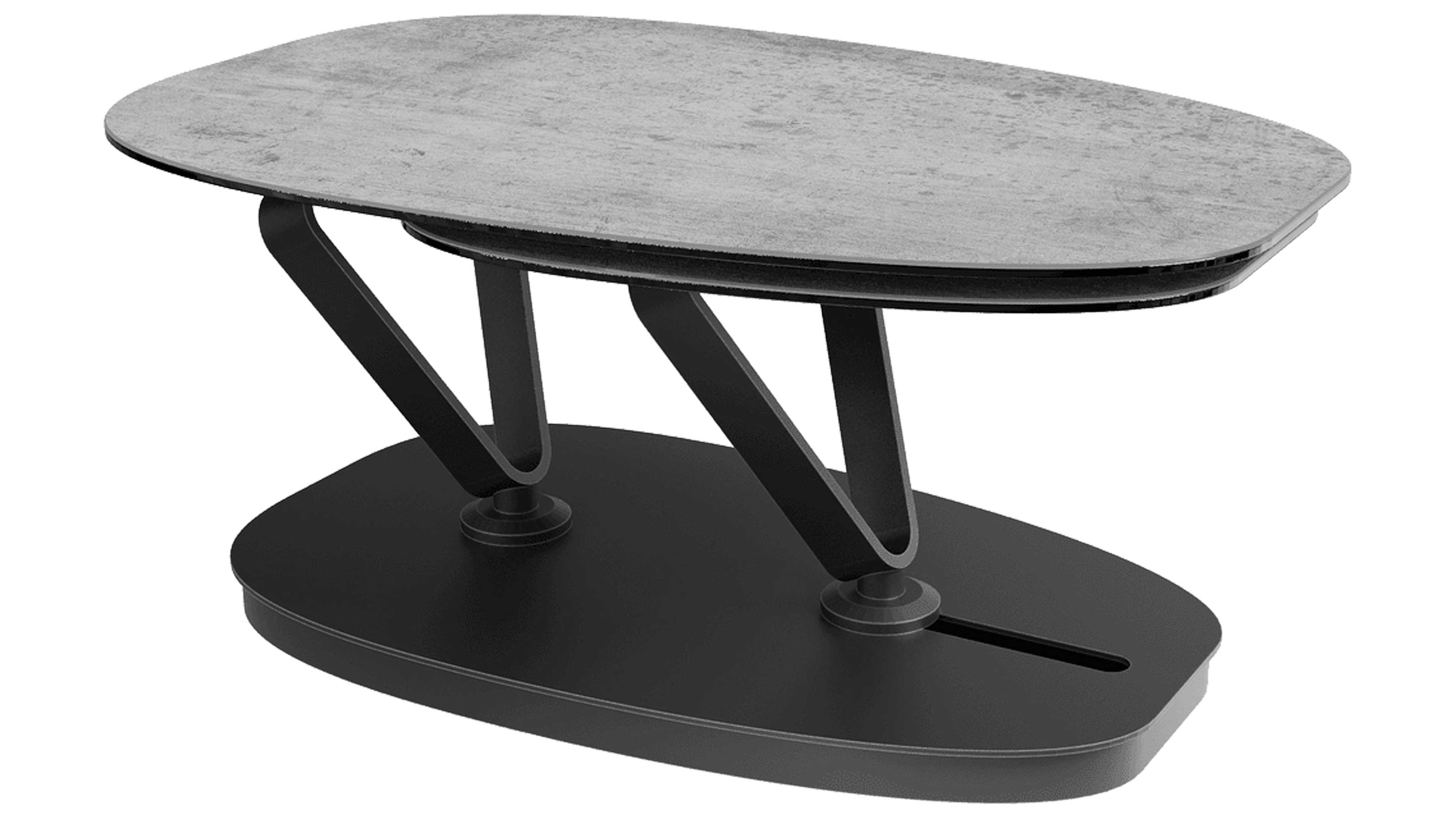 Ovaler Couchtisch mit hellgrauer, betonähnlicher Tischplatte, zwei V-förmigen schwarzen Metallstützen und schwarzer ovaler Sockel.