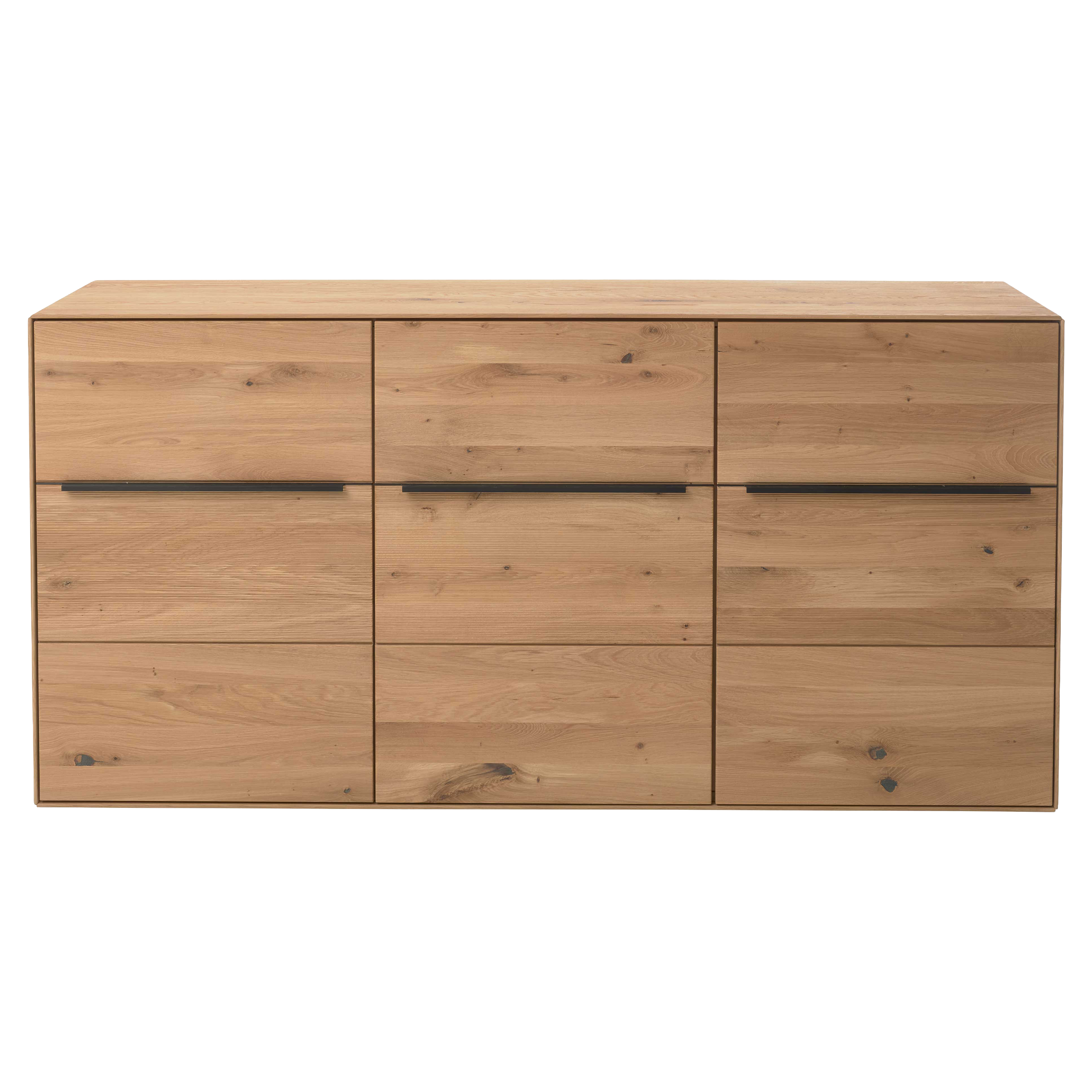 Sideboard aus hellem Holz mit neun Frontfeldern und drei durchgehenden schwarzen Griffleisten, sichtbare Aststellen.
