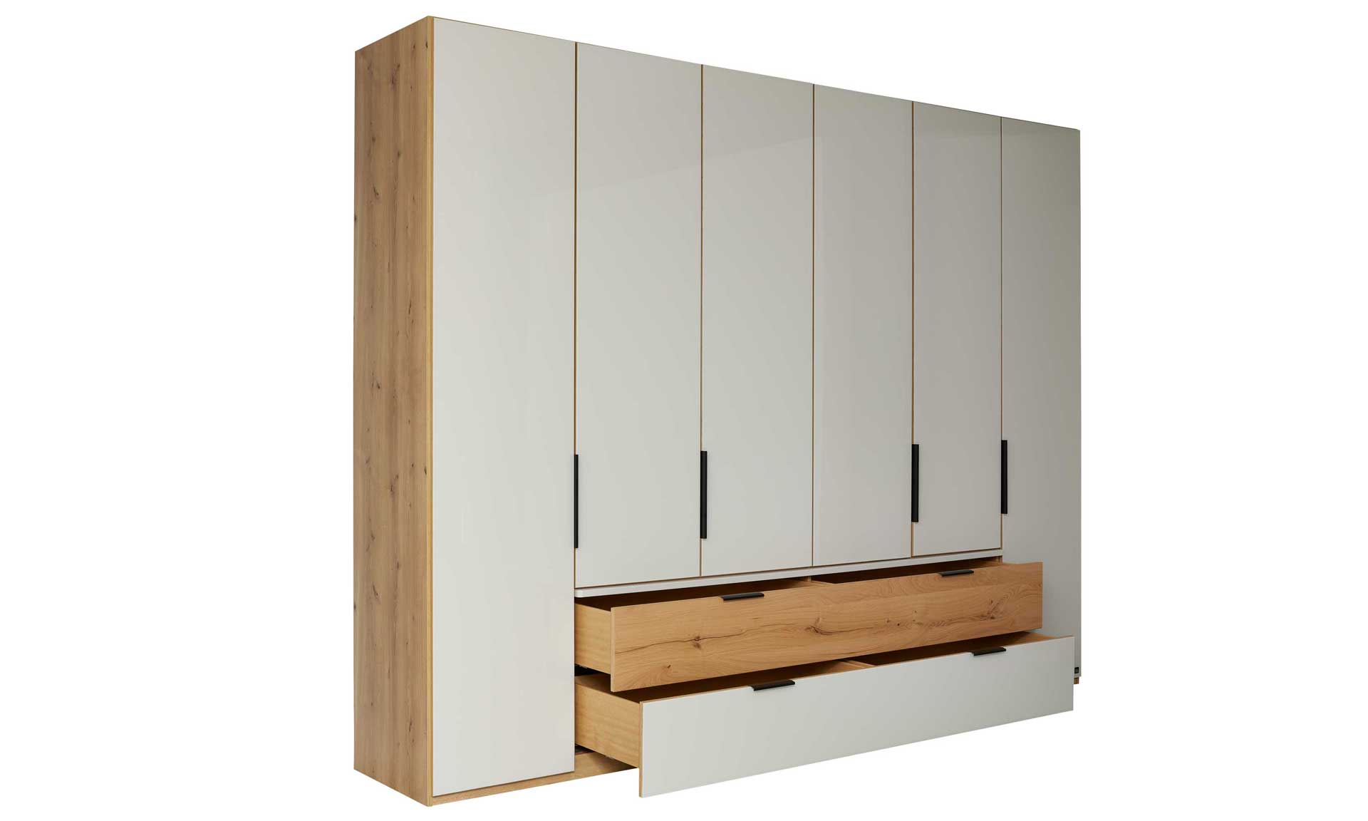 Kleiderschrank mit beige-grauen Glasfronten, Eiche-Dekor und praktischen Schubladen